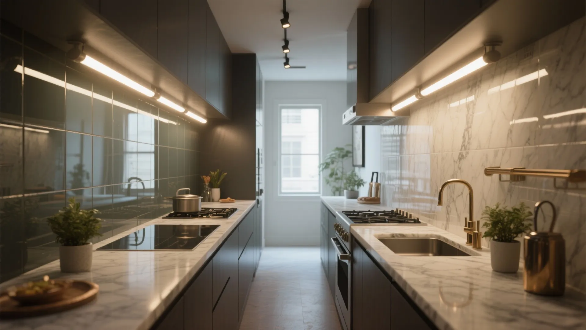 Narrow kitchen with marble countertops dark cabinets gold faucet and long white light fixtures above