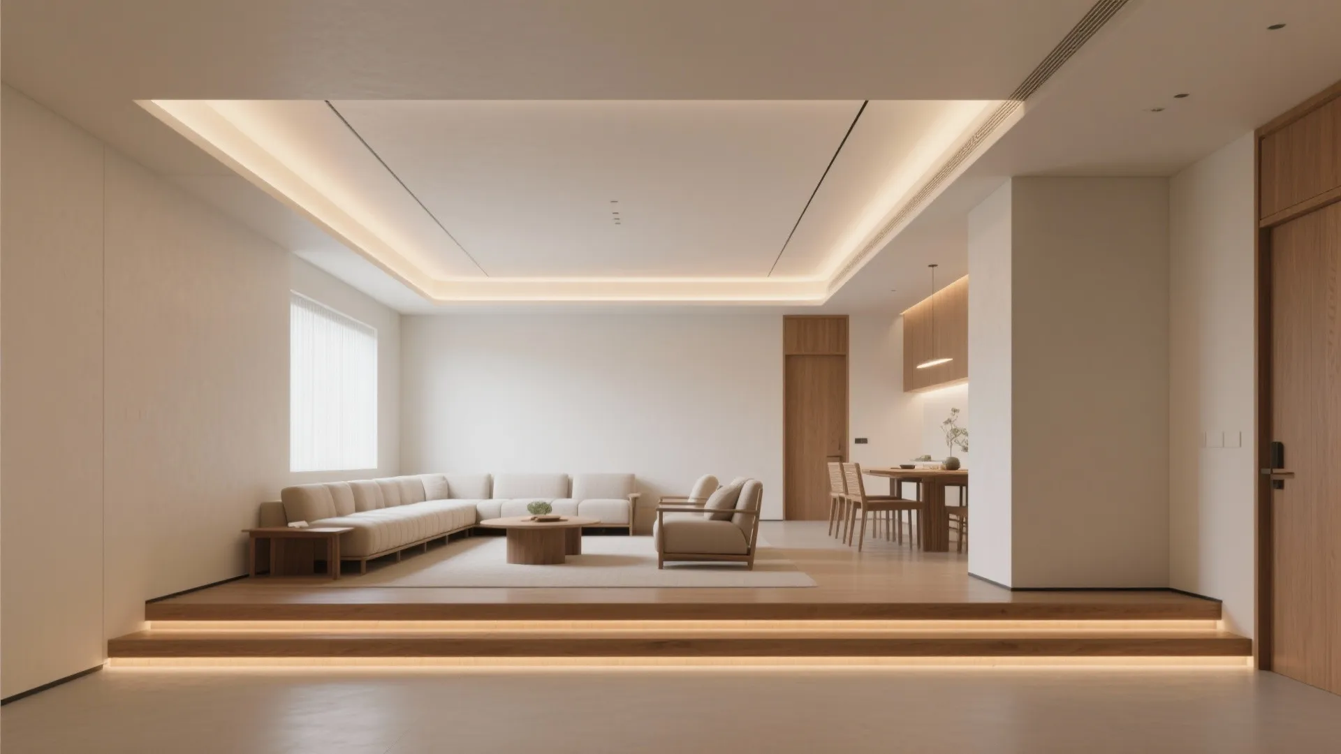 Spacious open living area with wooden floor steps beige sectional sofa and simple dining set