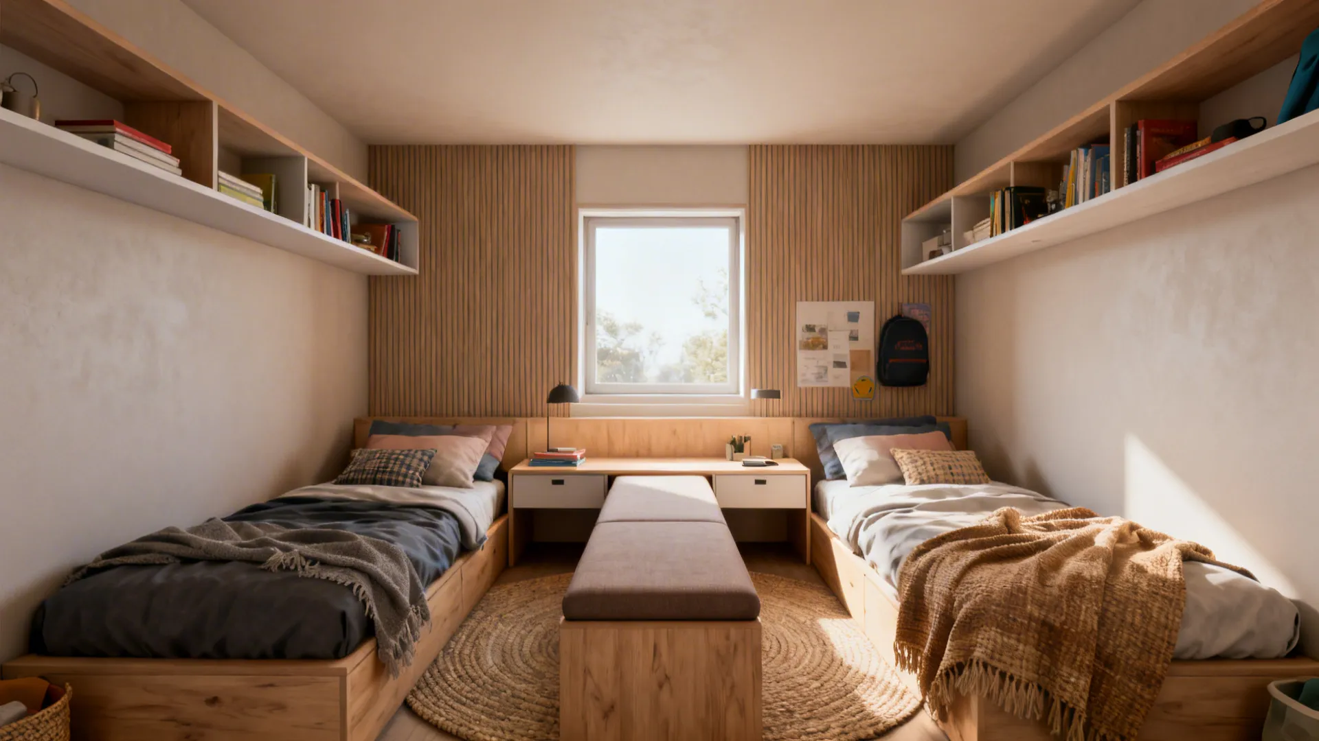 Small bedroom with two twin beds wooden wall panels wall shelves and bright natural light