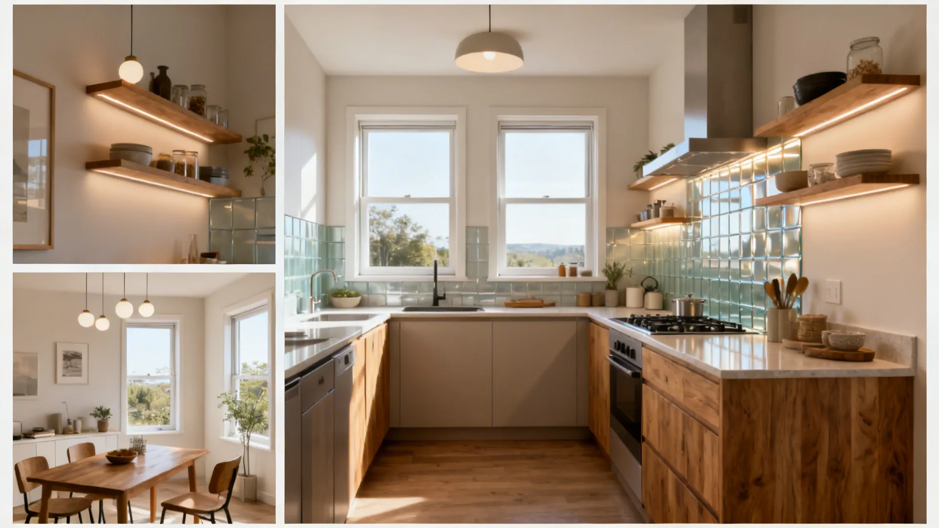 Bright small kitchen with two windows highlighting shelves, glass backsplash, L-shaped layout, wood accents, and layered lighting.