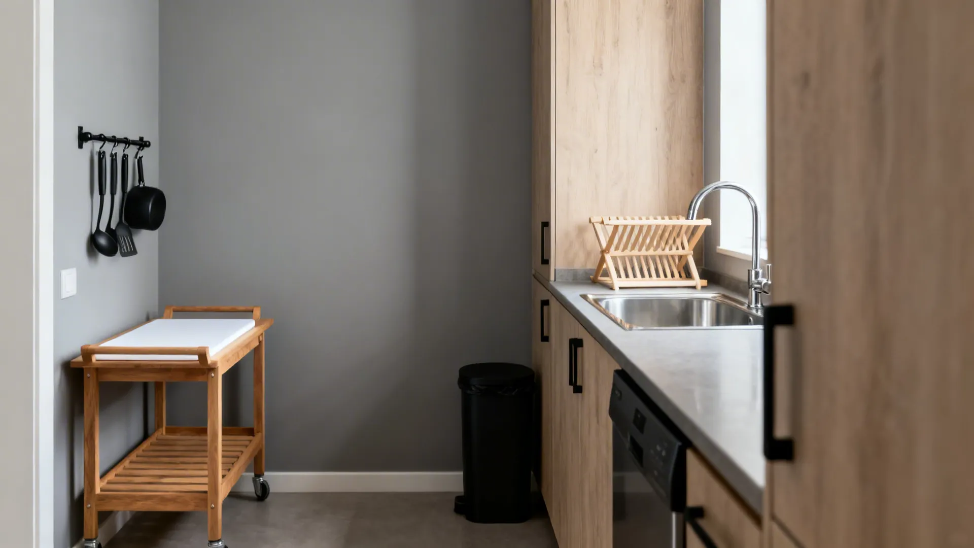 Eye-level view of a two-zone 5x7 kitchen with a prep cart and a sink with drying rack.