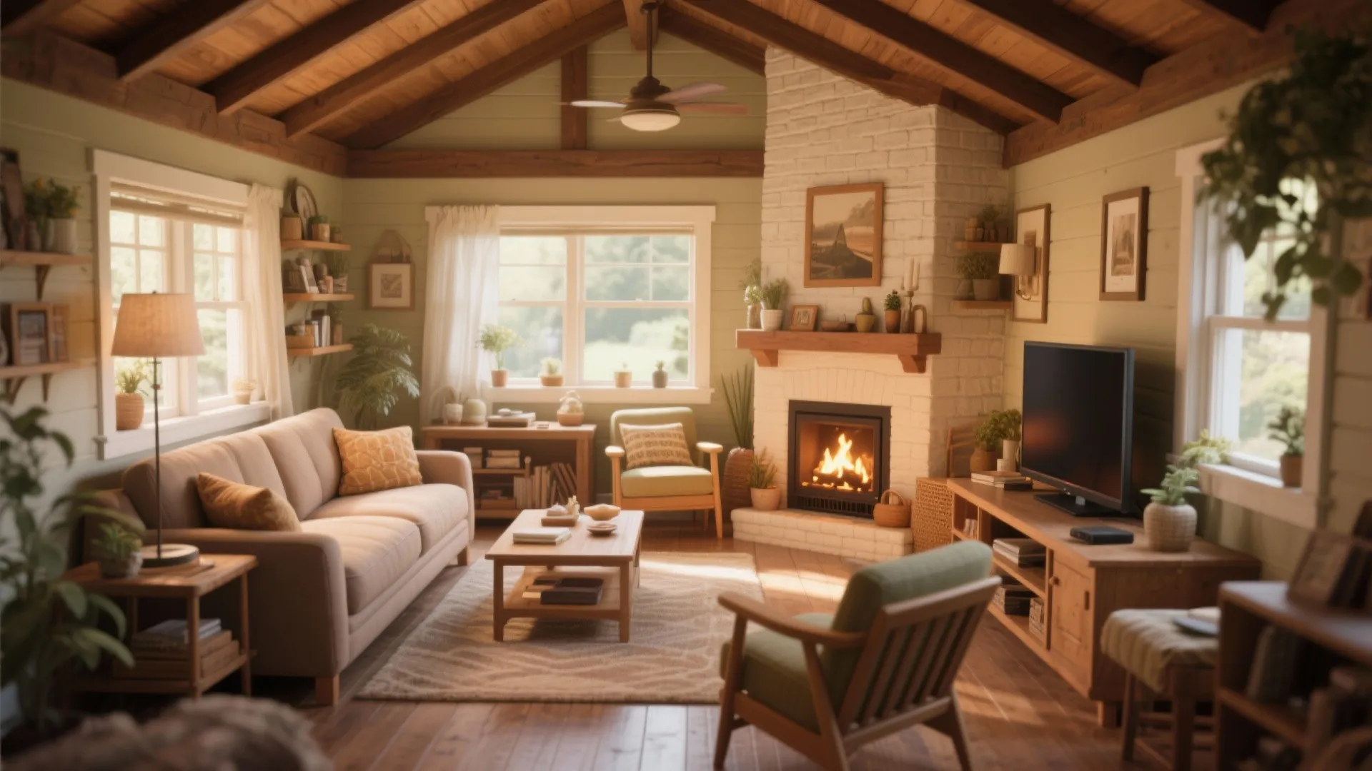 Cozy rustic living room with wood ceiling beams a white brick fireplace and tan sofa