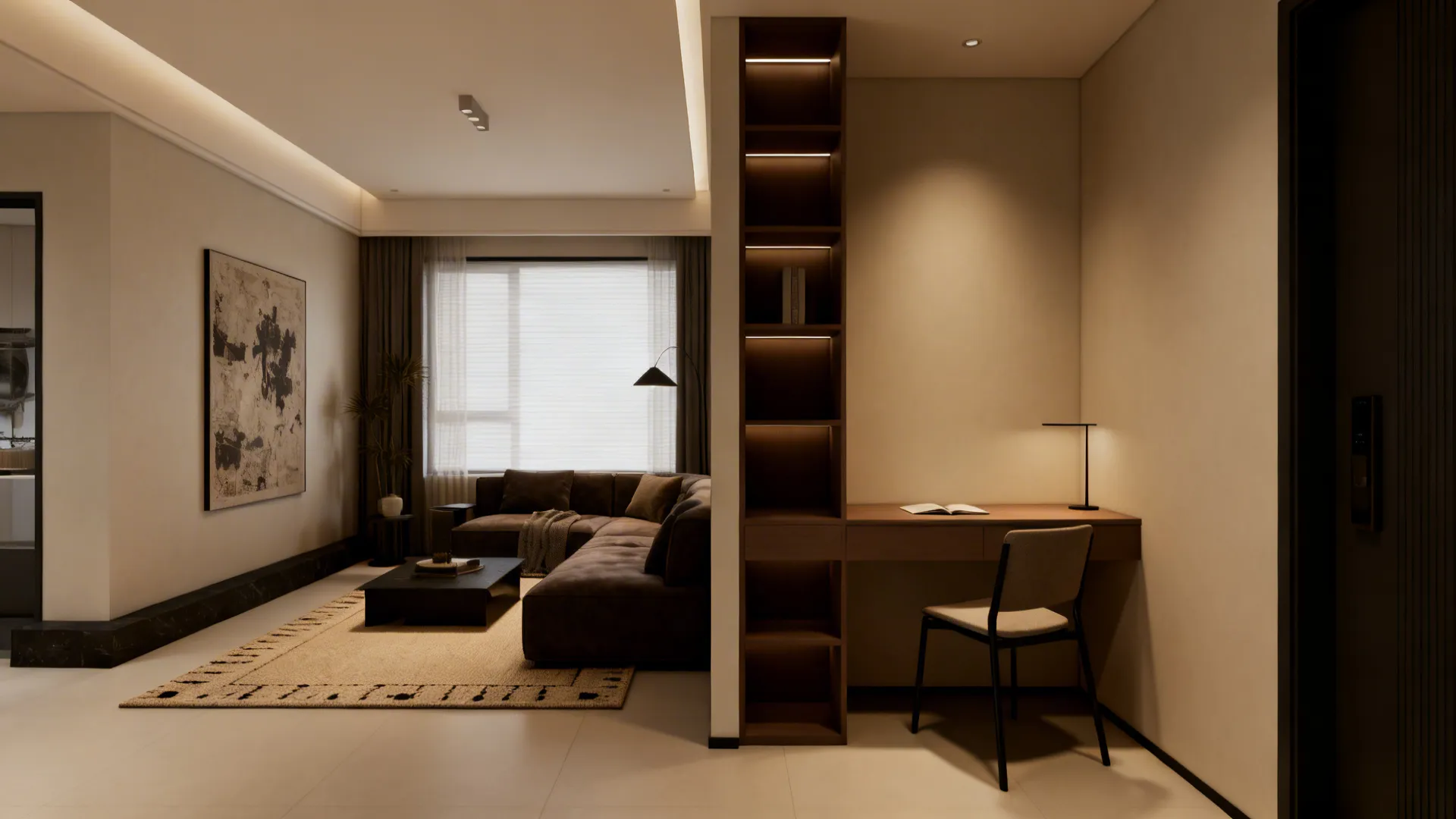 Compact living room split into lounge and workspace by a rug and open shelving divider.