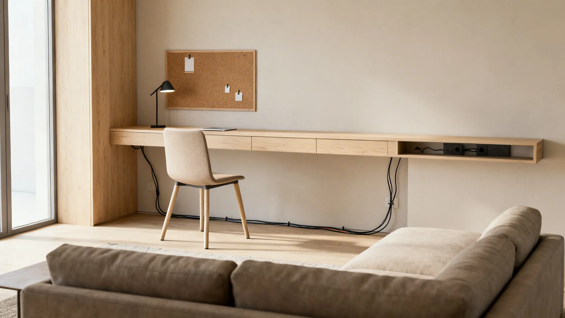 Idea 4: Two-zone layout: sofa lounge + slim work nook