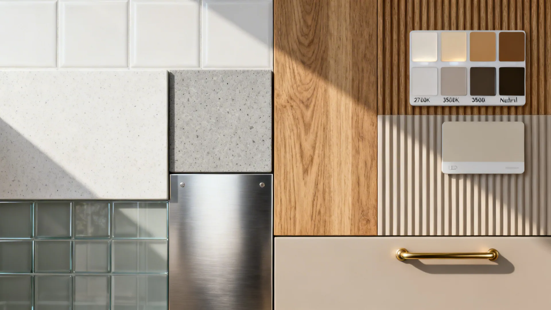 Flat lay of quartz, stainless, satin glass for wet zone and warm wood laminates for dry zone.