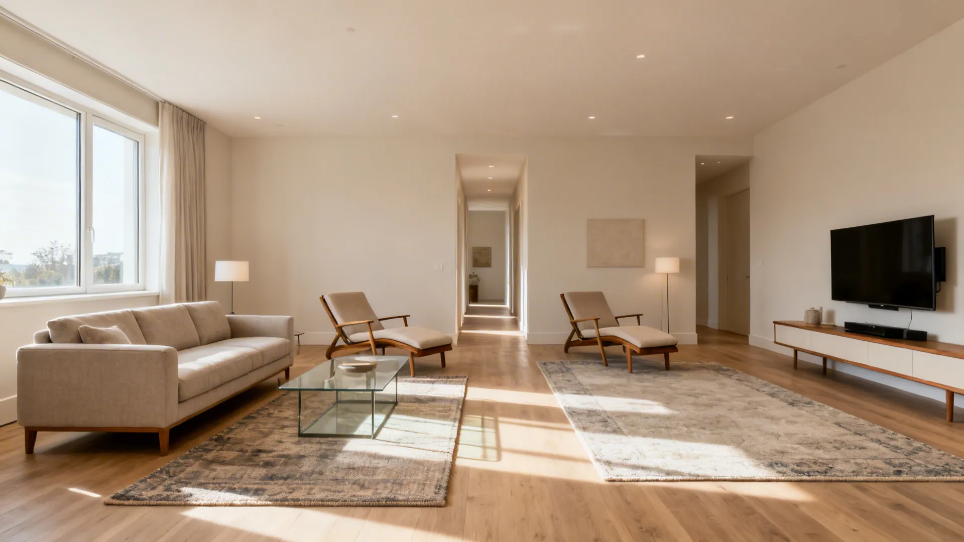 Rectangular living room with a front conversation area and a rear media zone, clear walkway in between.