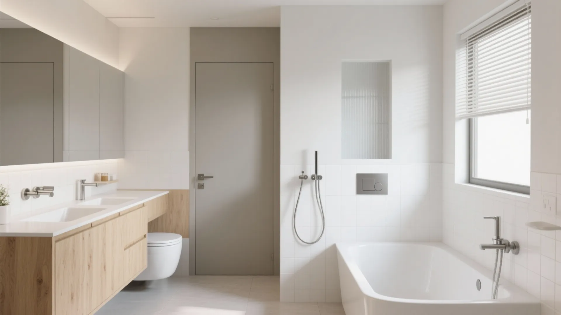Two-Zone Split: Vanity and Bath Outside, WC Behind a Door