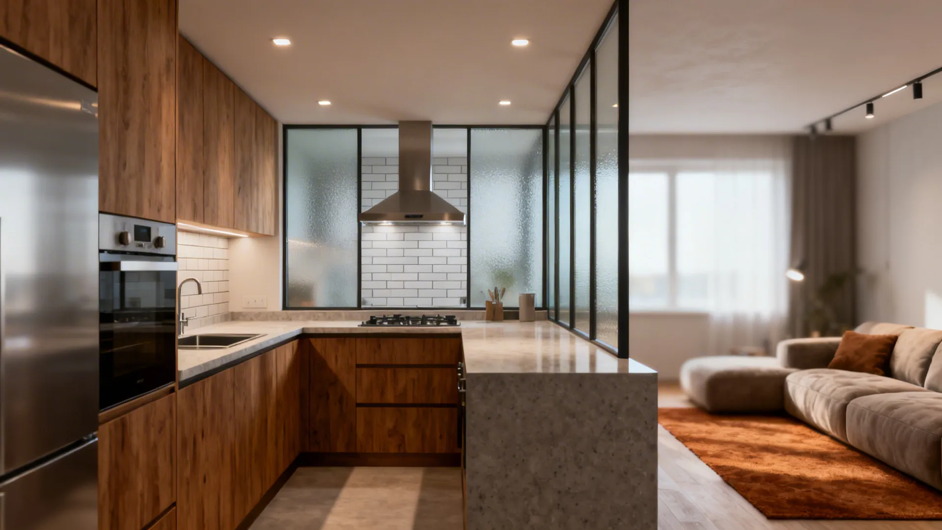 Serene dry kitchen linked to a closed wet kitchen in a compact living space.