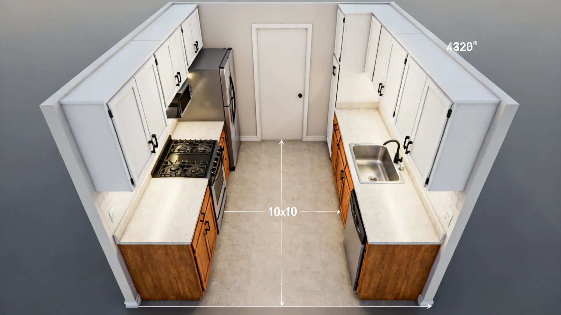 Top-down galley plan showing prep/cook zone on one side and clean/store zone opposite
