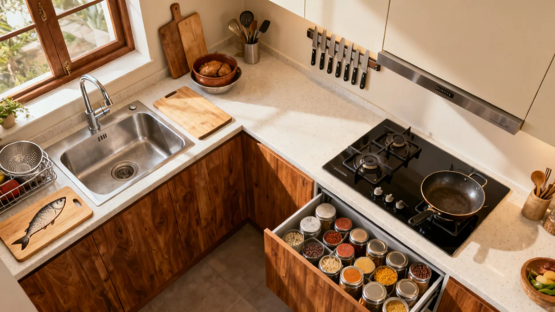 Top-down view of sink-side prep zone and hob-side cooking zone in a compact L-shaped kitchen.