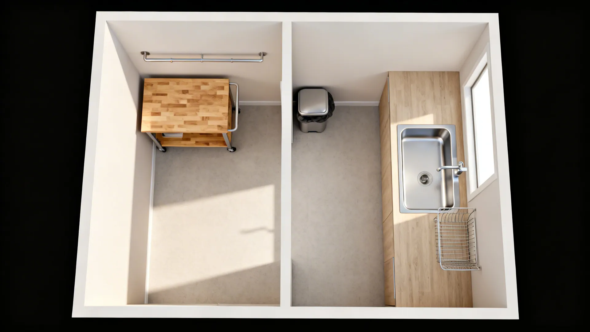 Top-down view showing prep zone with cart and rail opposite a sink with drying rack in a 5x7 kitchen.