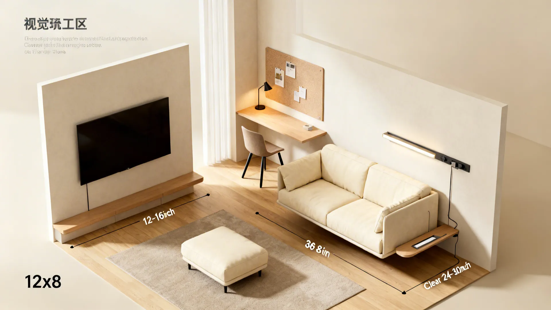 Idea 4: Two-zone layout: sofa lounge + slim work nook
