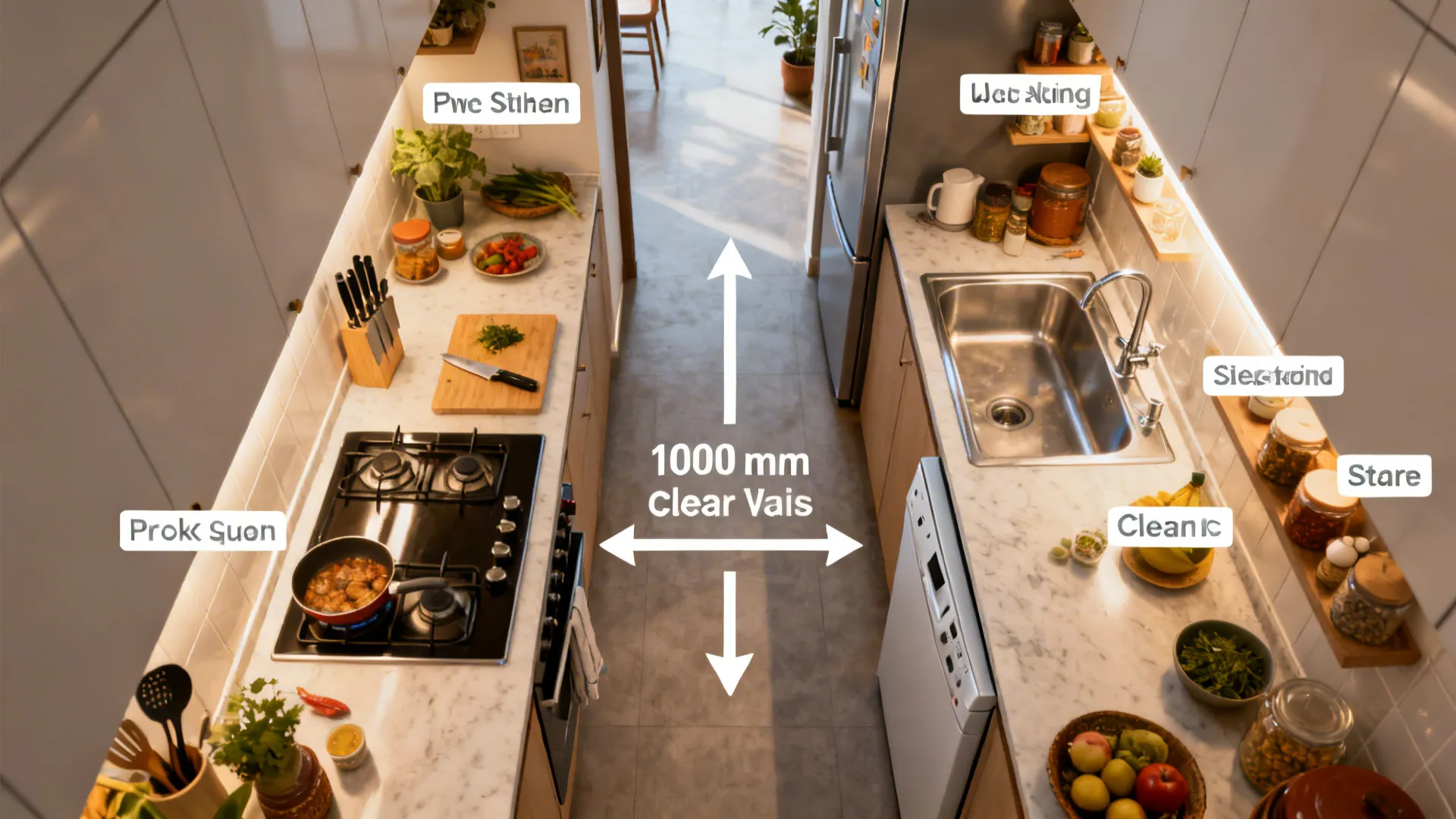 Top-down galley showing two zones with hob opposite sink and fridge, 1050 mm aisle