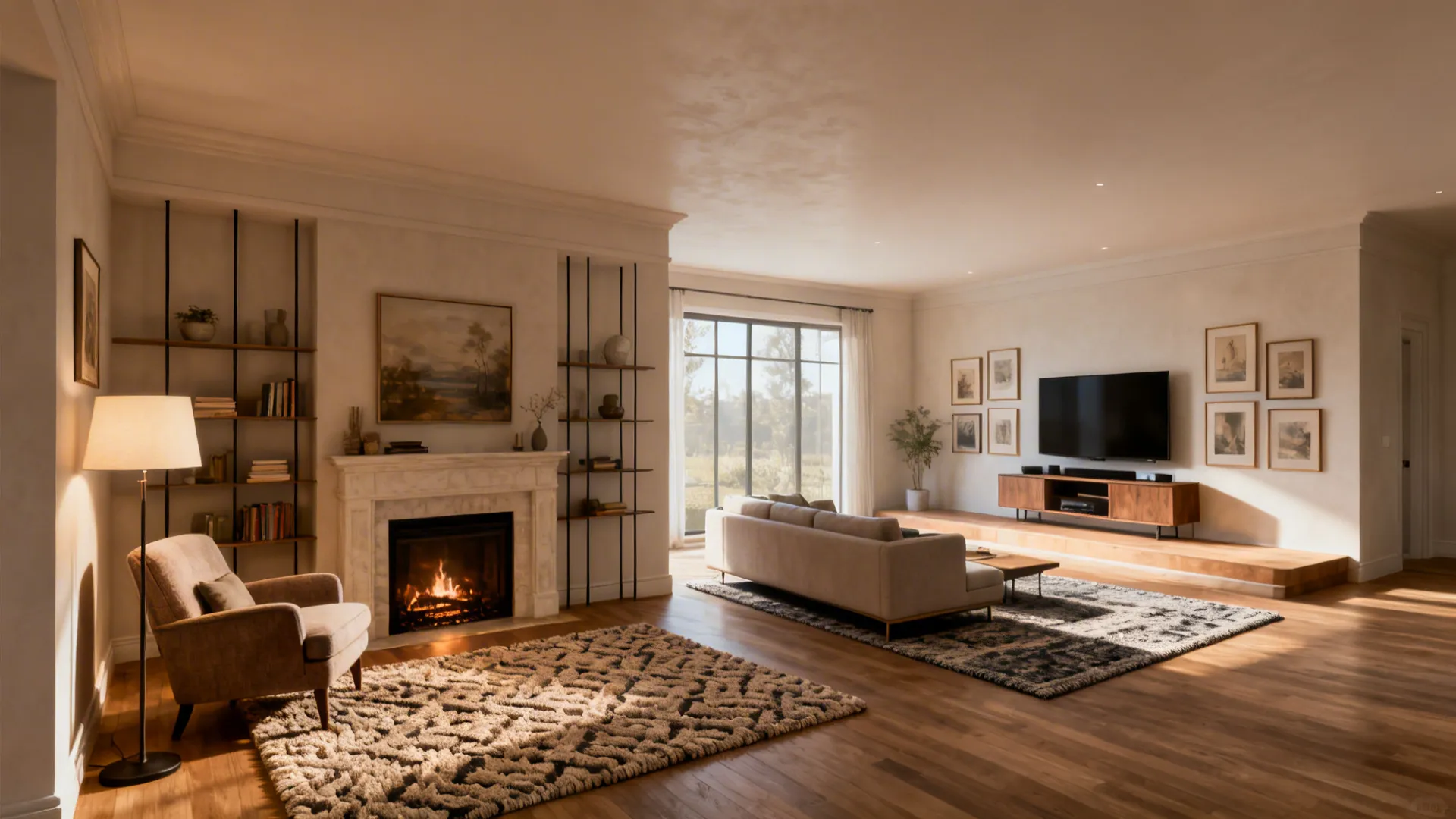 Living room divided into a fireplace reading nook and a TV entertainment zone separated by a low sofa.