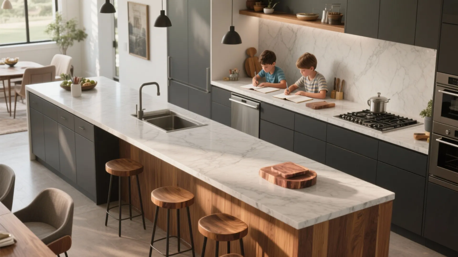Large kitchen island with marble top and stools where two children are writing in notebooks