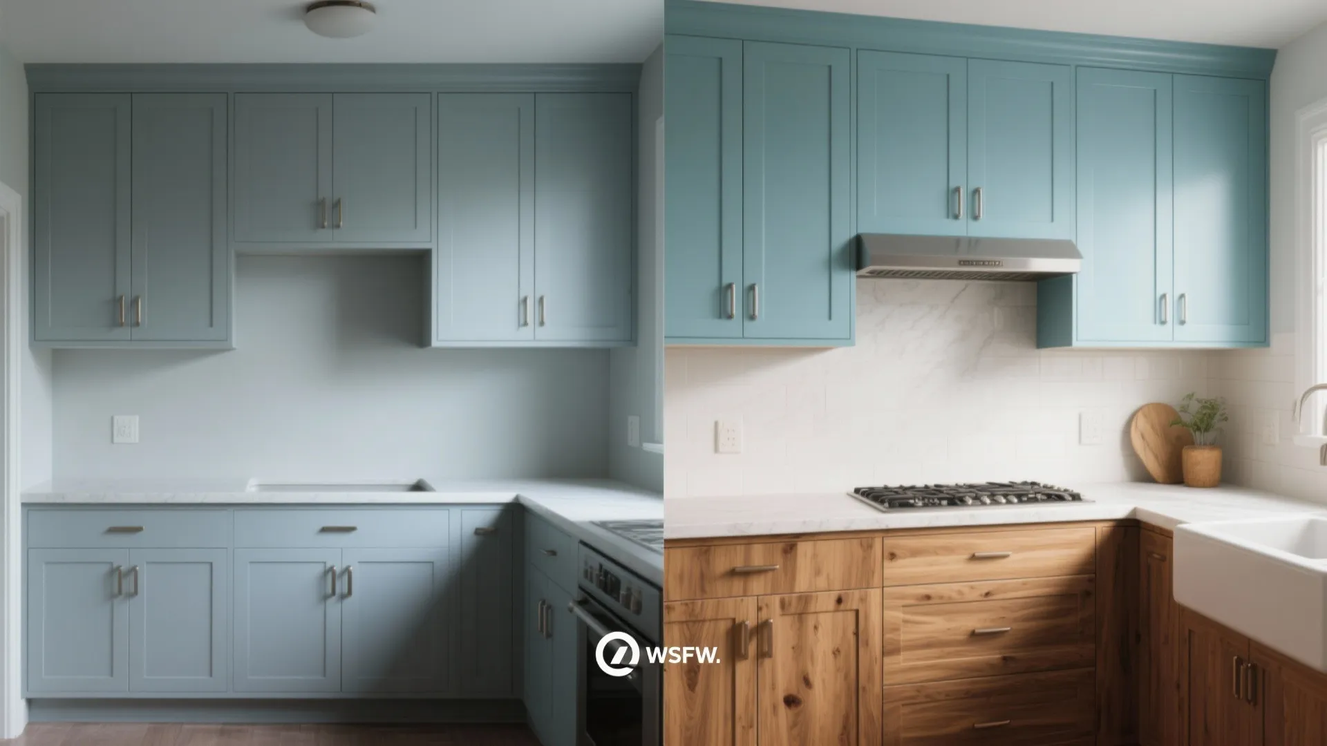 Before and after comparison of kitchen cabinets changing from light blue to natural wood finish
