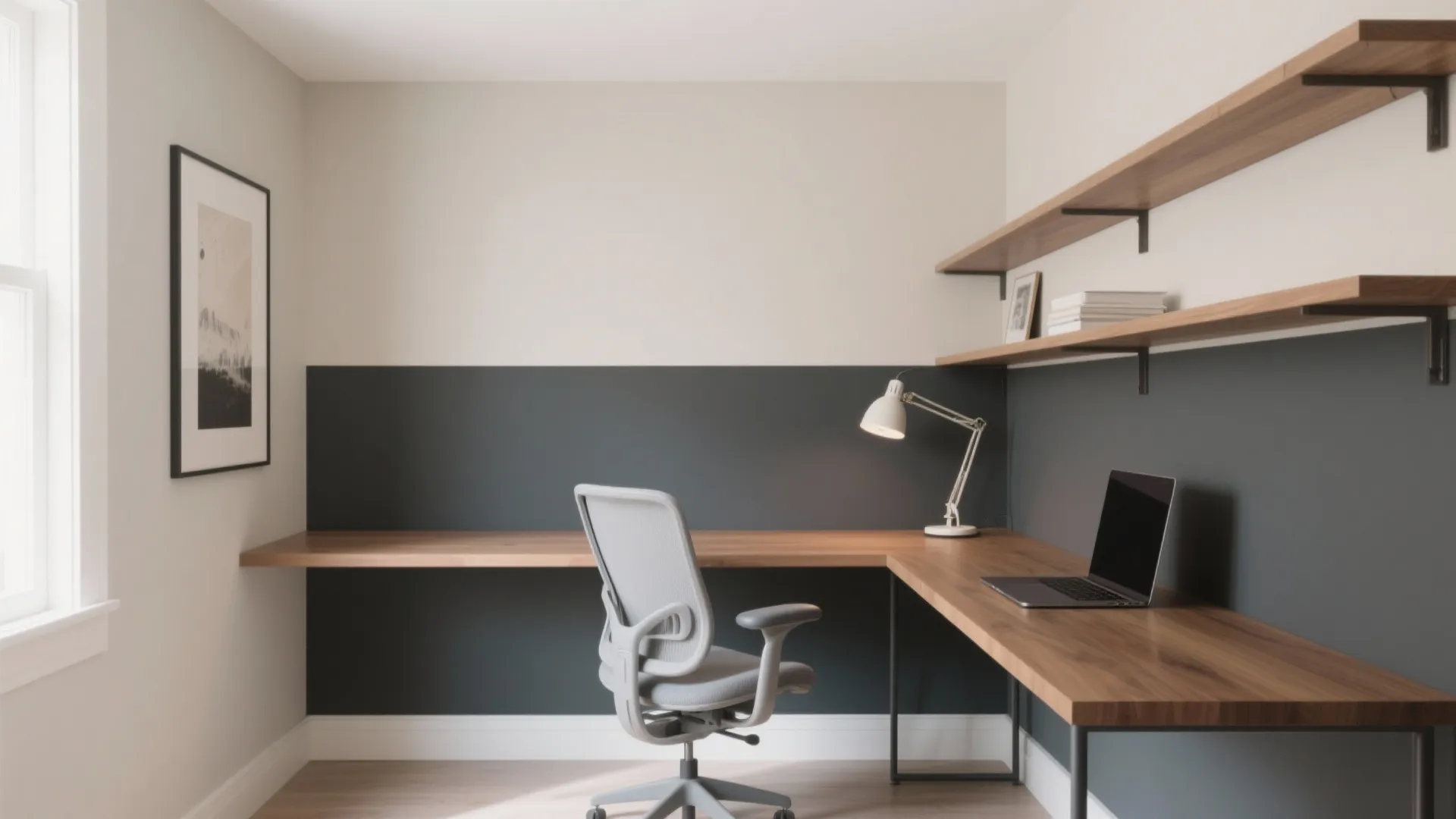 Home office with wood corner desk grey chair laptop desk lamp and wall floating shelves