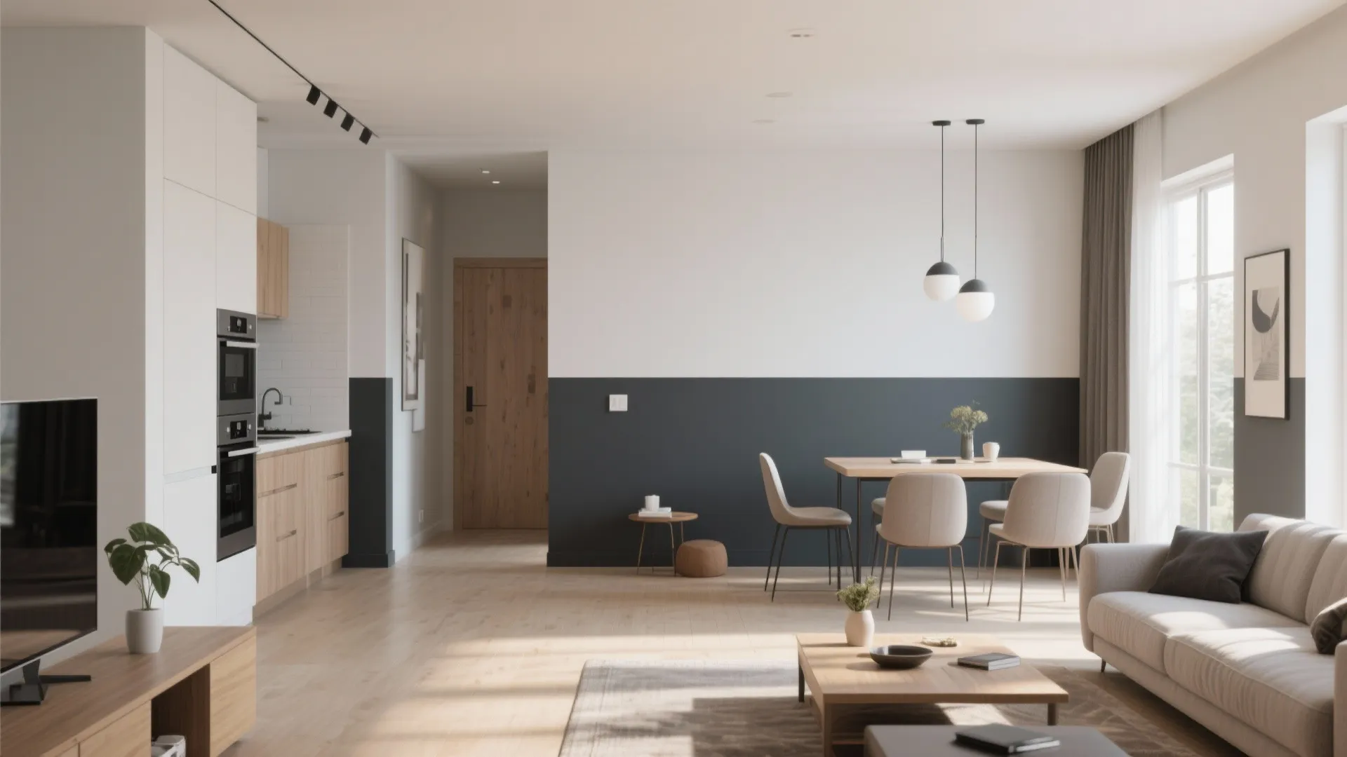 Contemporary open floor plan with white and grey walls wooden dining table sofa and kitchen cabinets