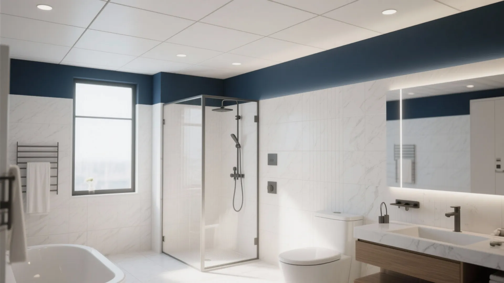 Spacious bathroom featuring blue wall accents glass shower bathtub white sink and marble pattern tiles