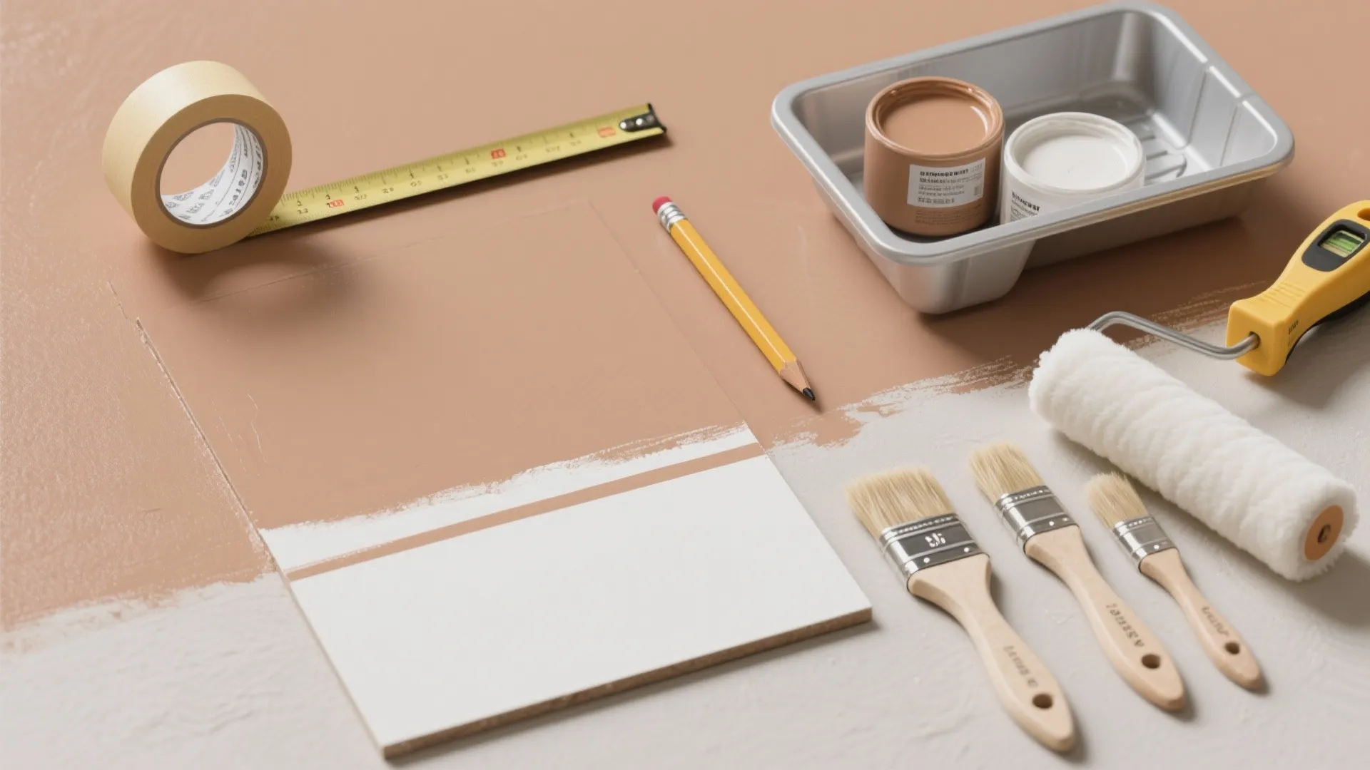 Top view of wall painting tools including brushes paint roller measuring tape and brown paint cans
