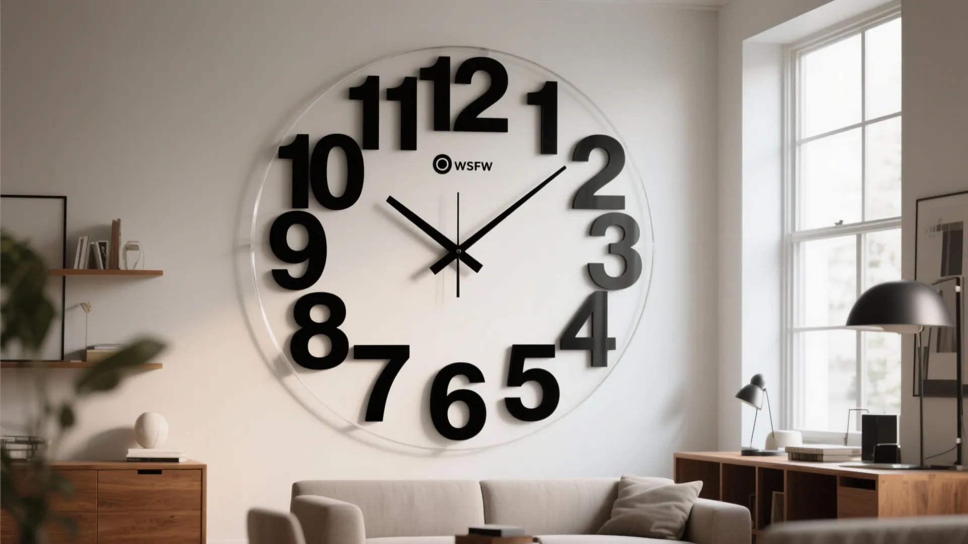 Large wall clock with big black numbers above grey sofa in modern living room window