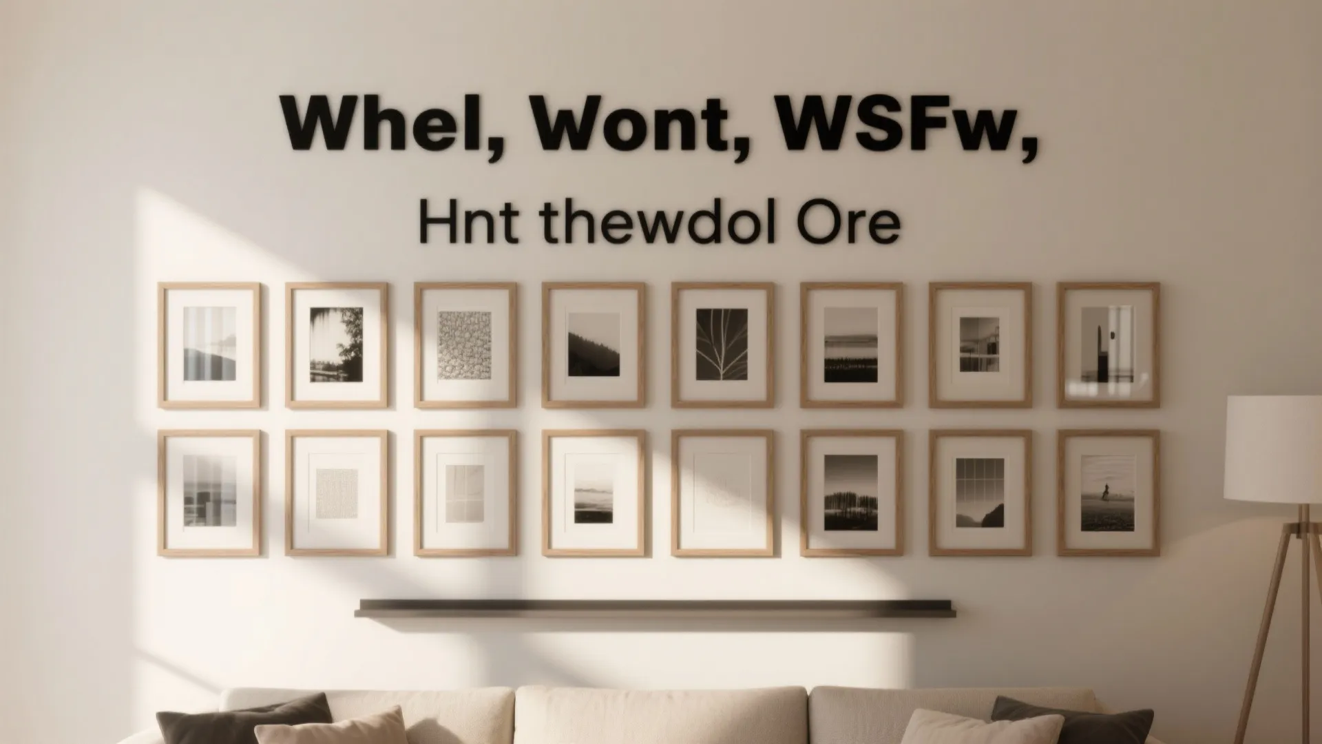 Living room wall with two rows of small framed art pictures above a beige sofa