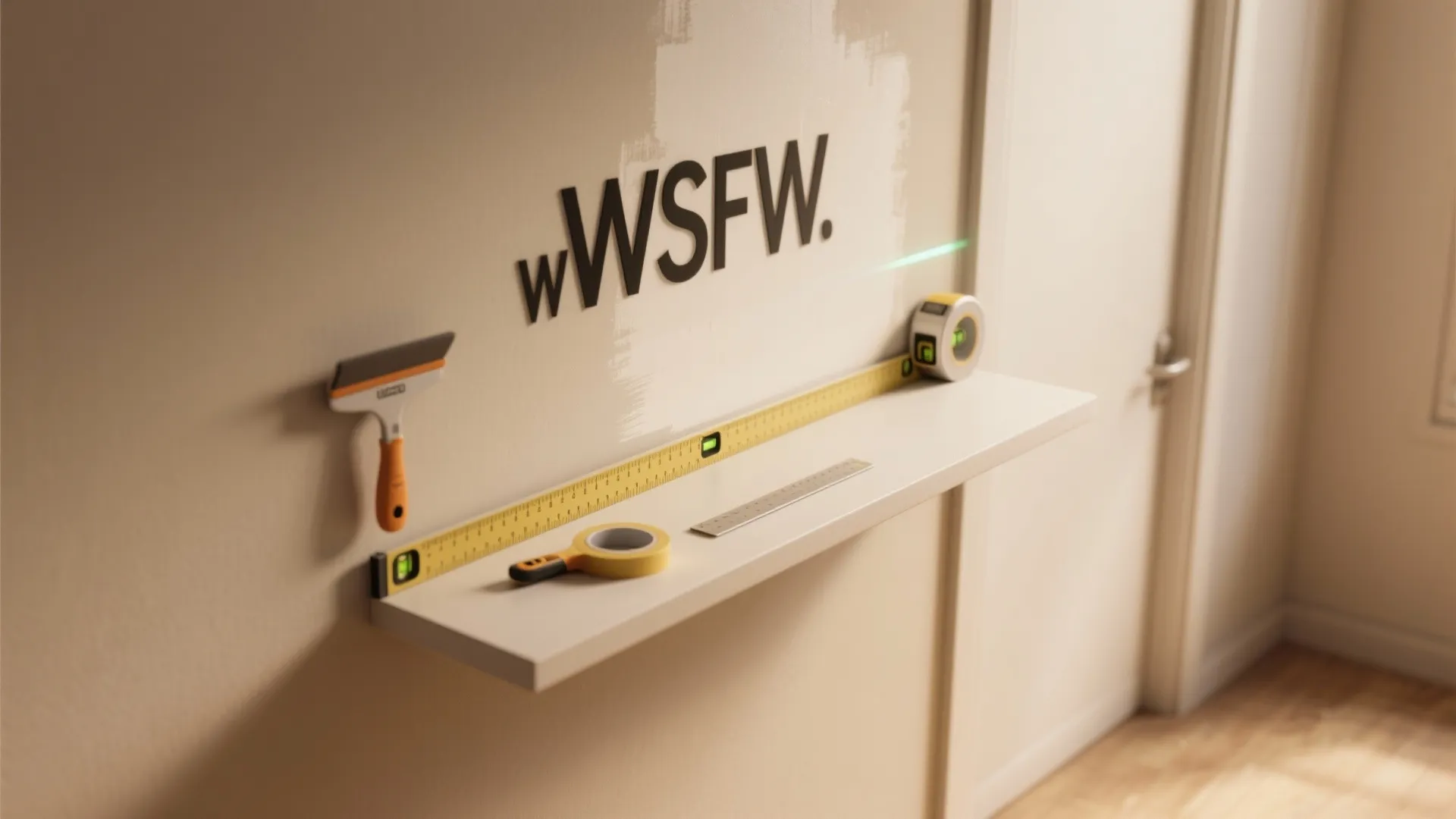 Home improvement tools including measuring tape and level placed on a white floating wall shelf