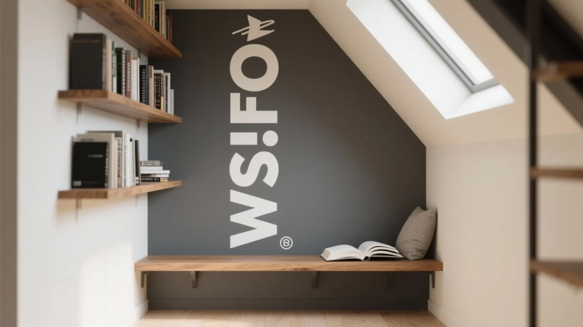 Small reading corner with wooden wall shelf roof window bench grey wall and open book