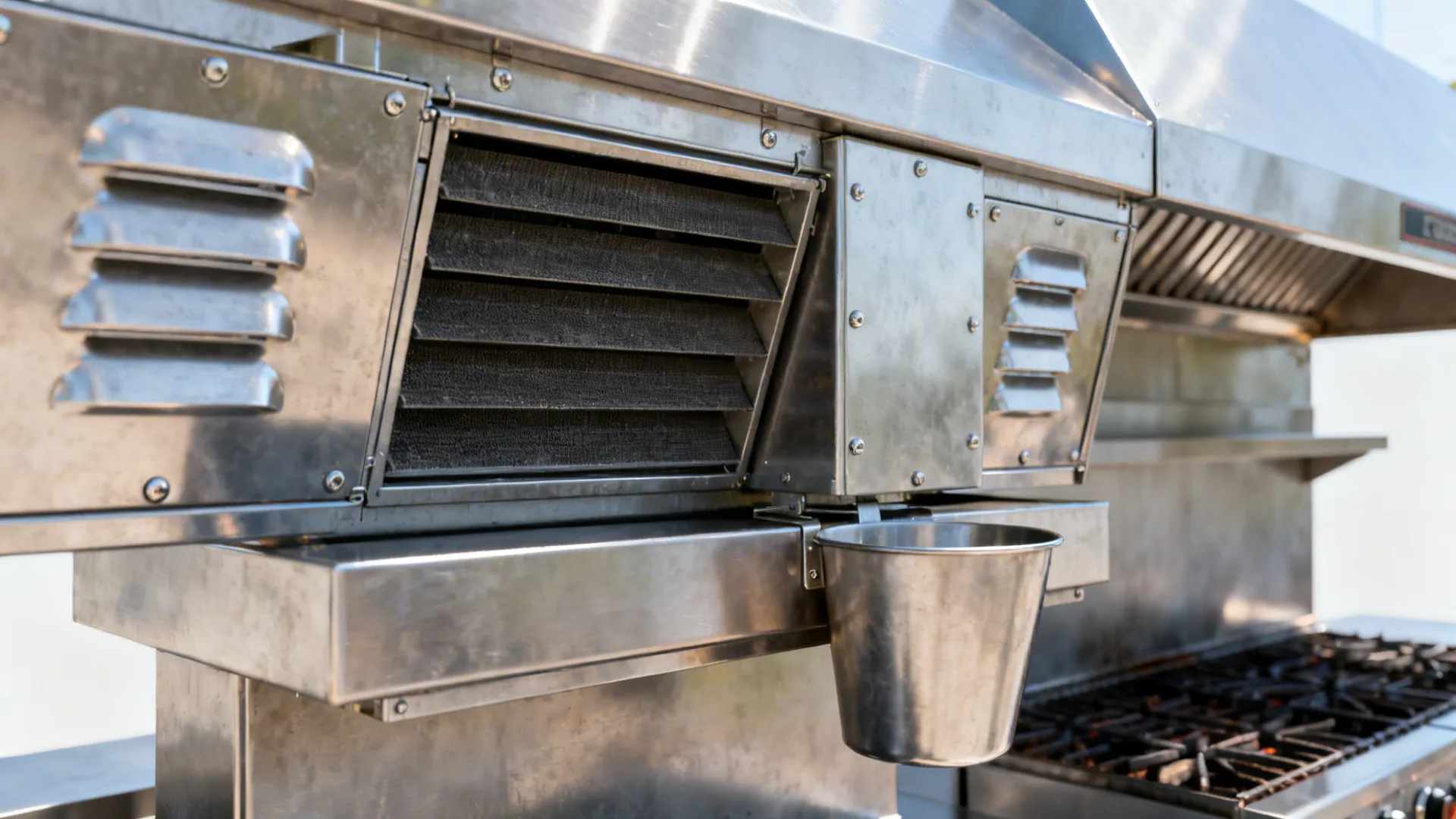 Close-up of a stainless Type I hood with baffle filters and side panels over a cookline.