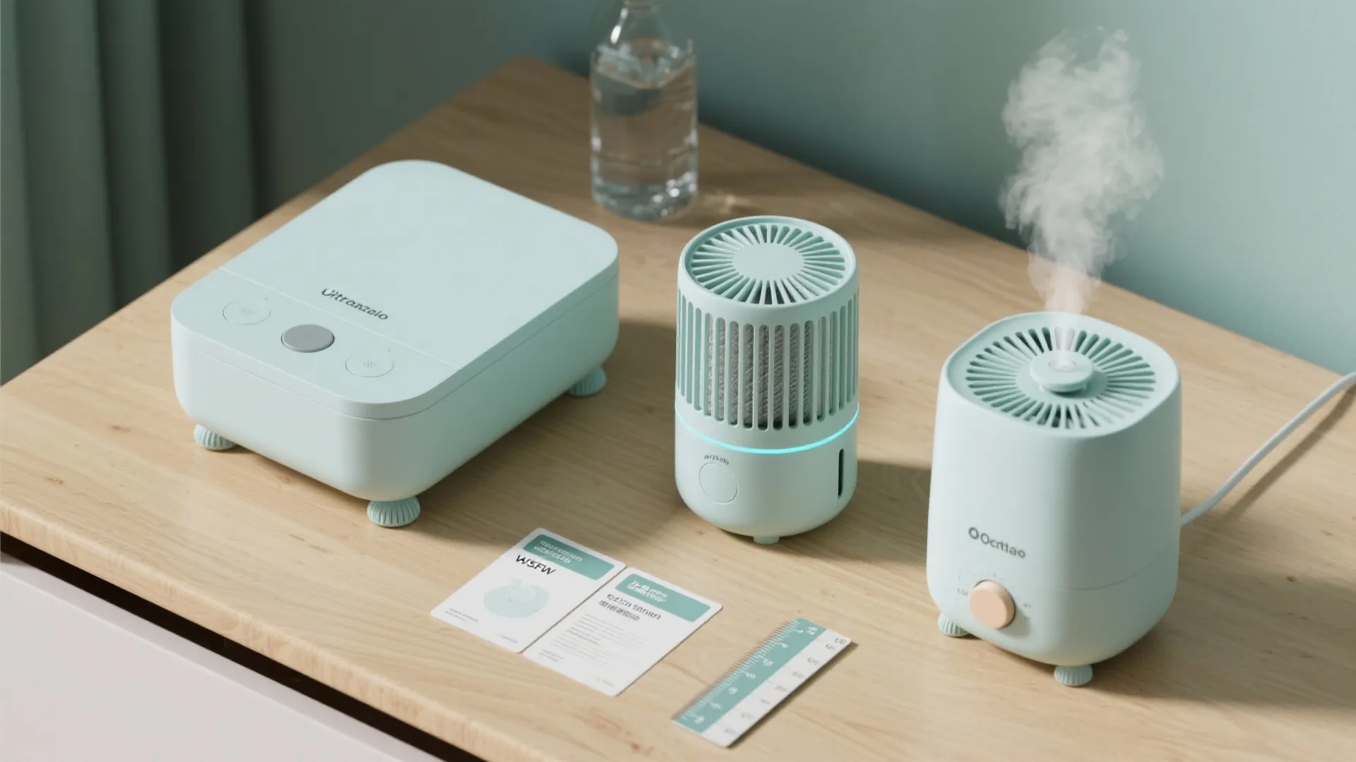 Three light blue small humidifiers in different shapes placed on a wooden desk with cards