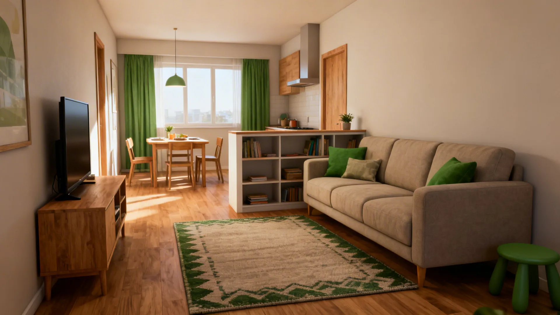 Mid-size family living room with three-seater sofa, media unit and small dining nook.