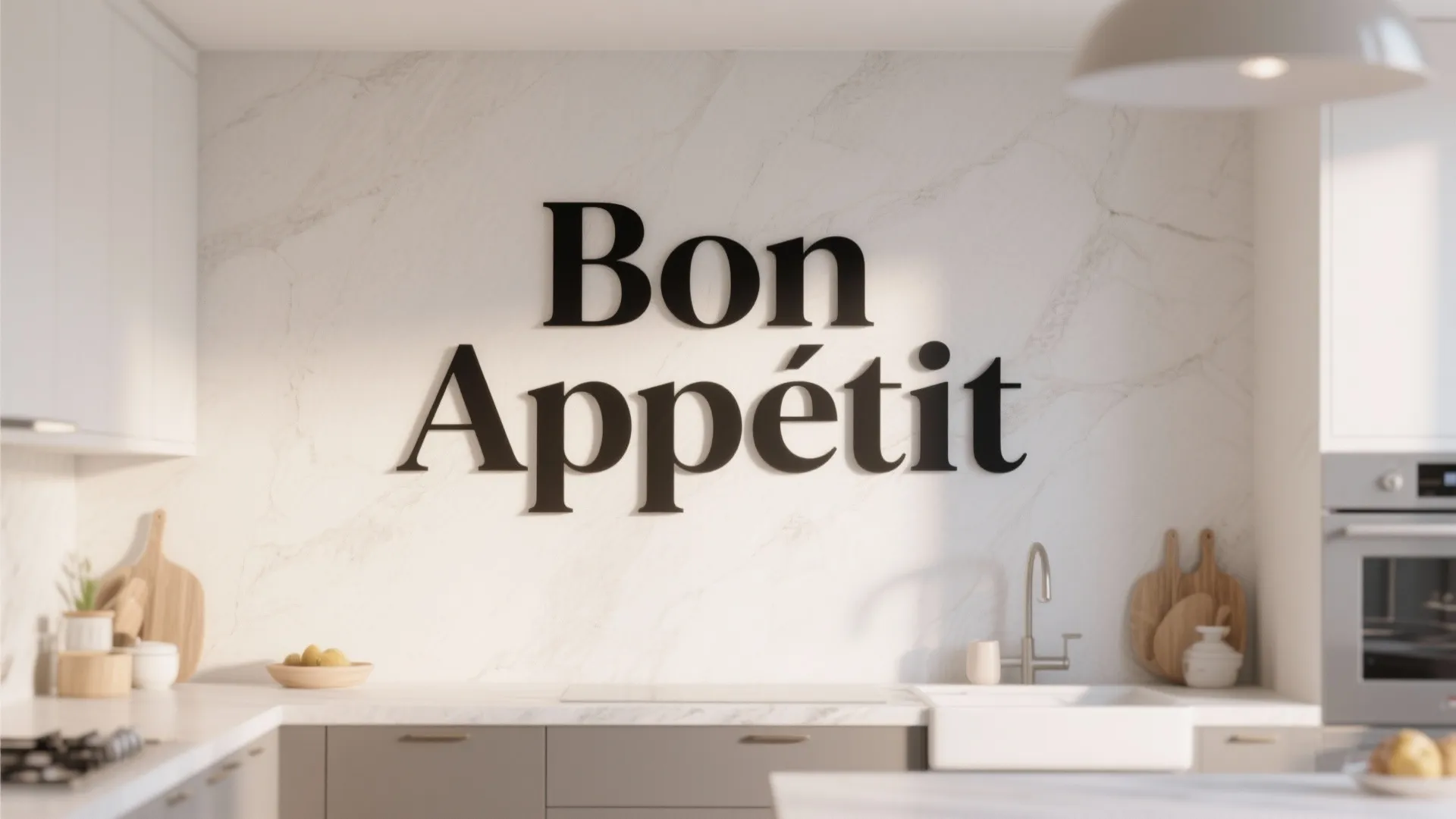 Modern kitchen with white marble wall featuring large black Bon Appetit text above the counter