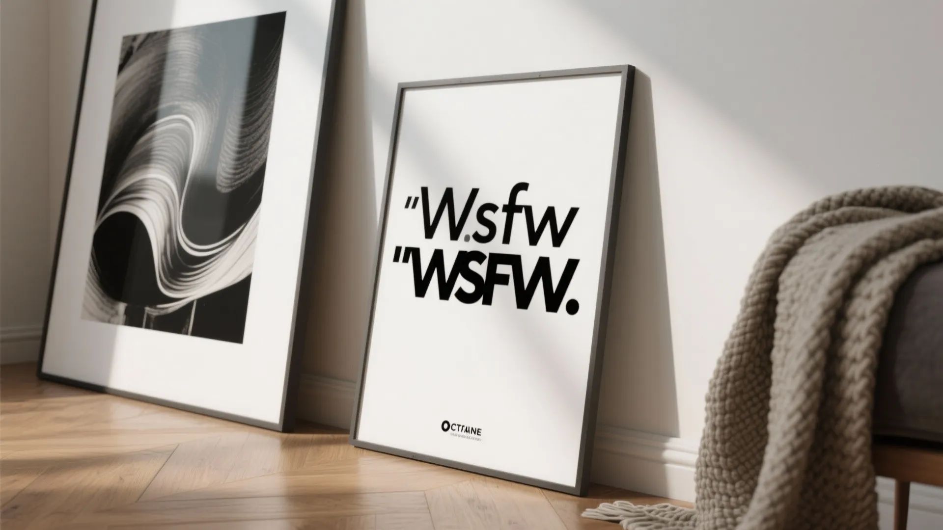 Close-up of a bold black typographic quote on white canvas paired with an abstract black-and-white print