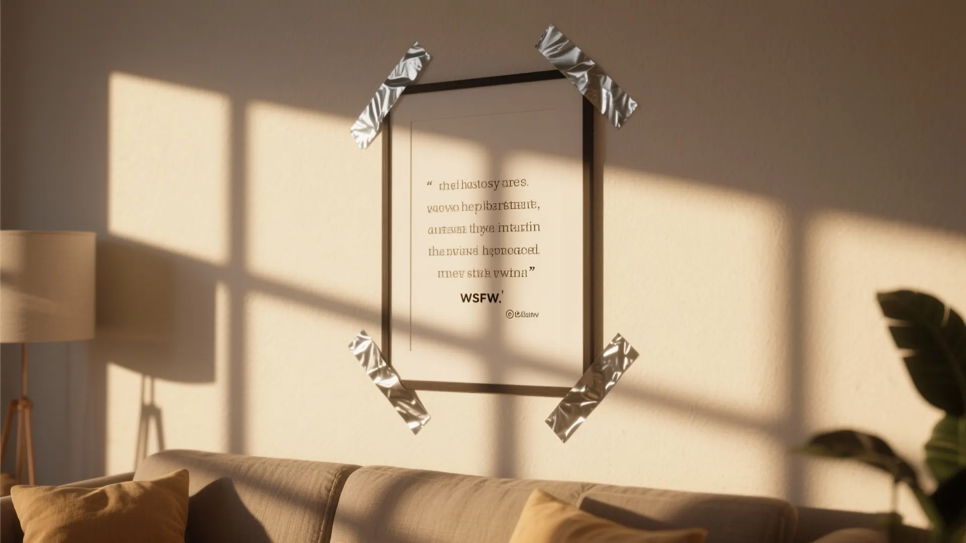 Framed wall art with text secured by silver tape above a sofa in warm sunlight
