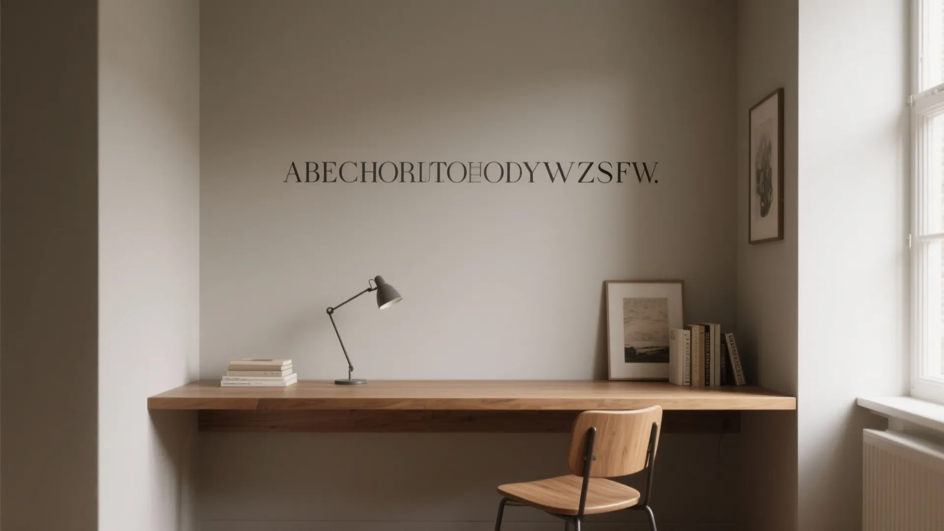 Minimalist study space with long wooden floating desk grey lamp simple chair and large wall text