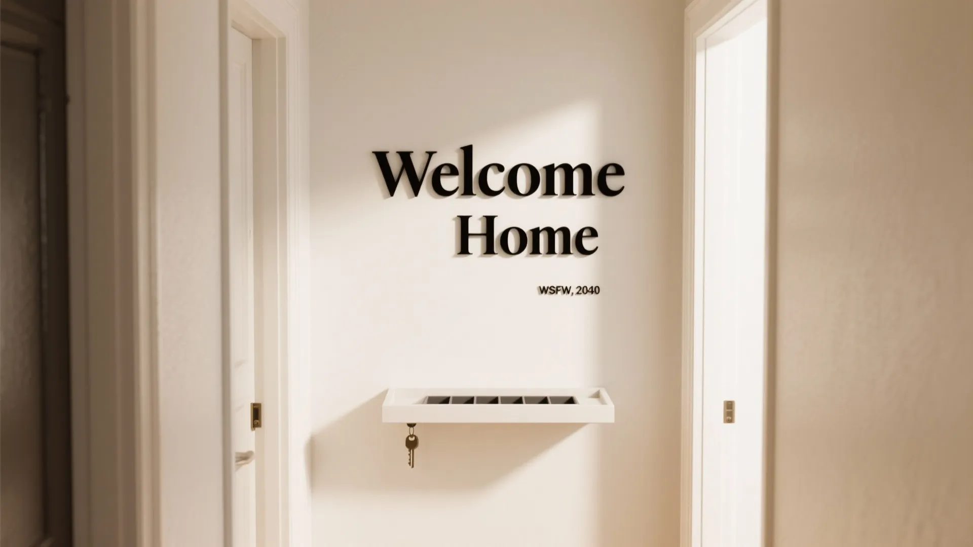 Minimalist white entryway wall with black welcome home sign and a small white wall cabinet