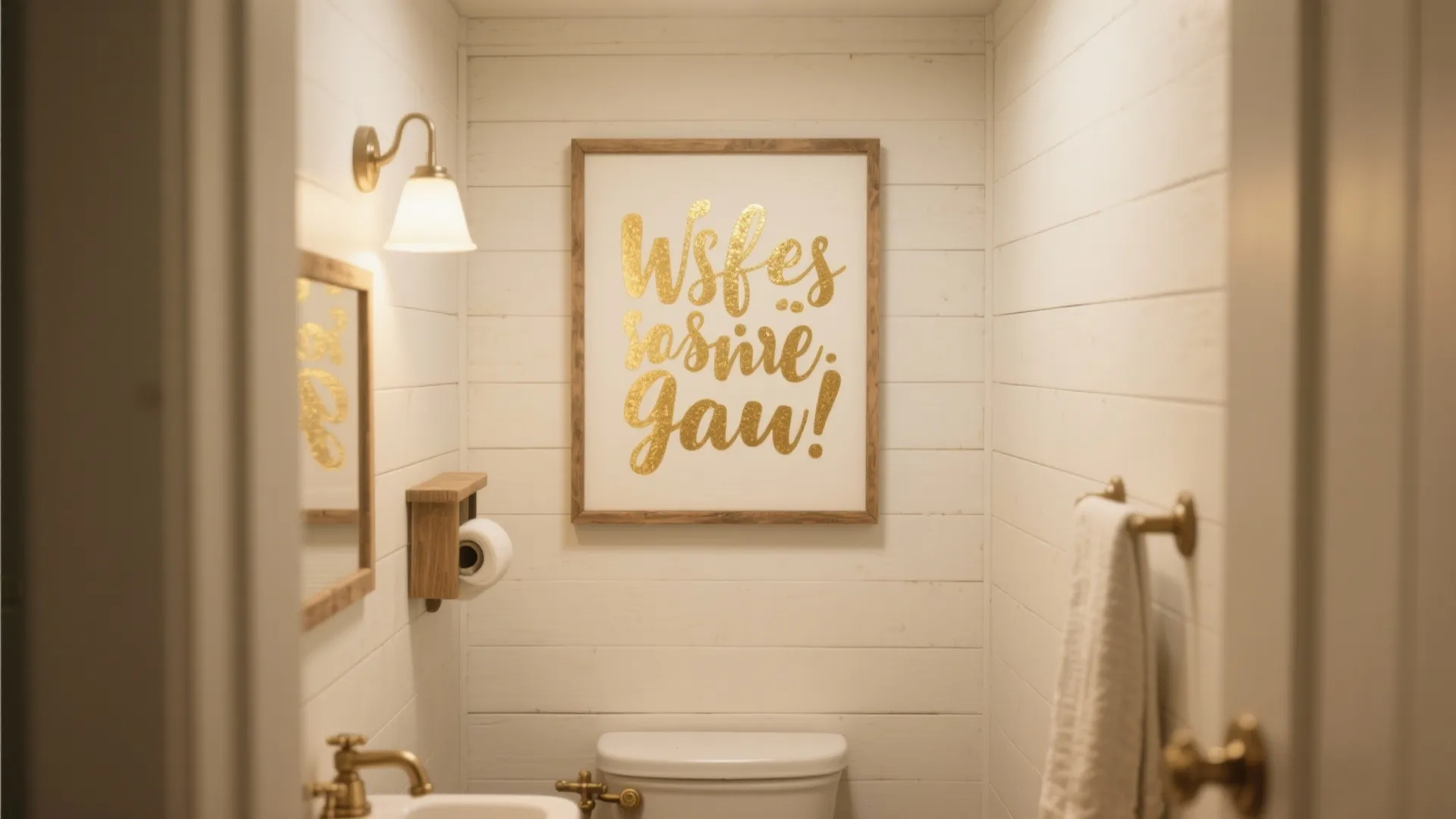 Small white bathroom with wood panel walls featuring gold wall art above a white toilet