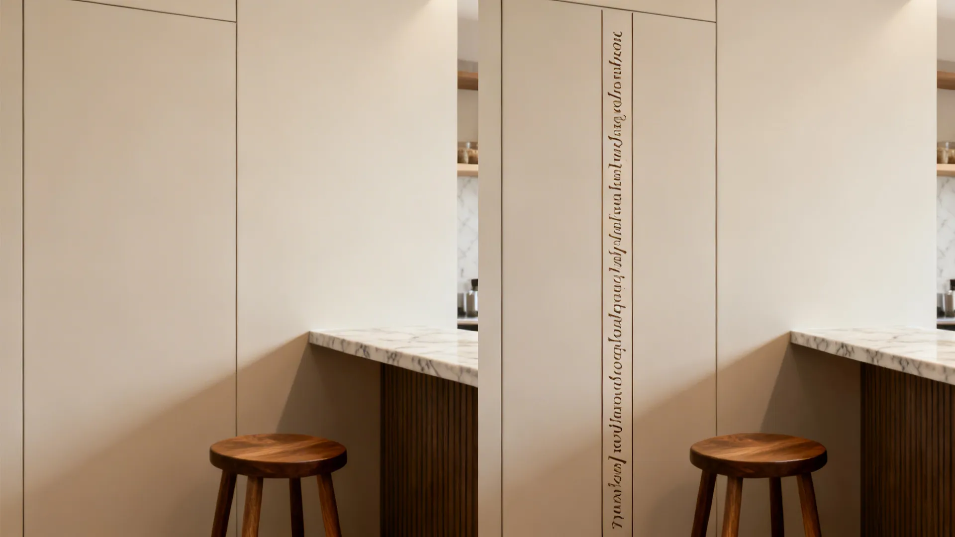 Split view of a kitchen panel before and after adding a narrow vertical typography decal.
