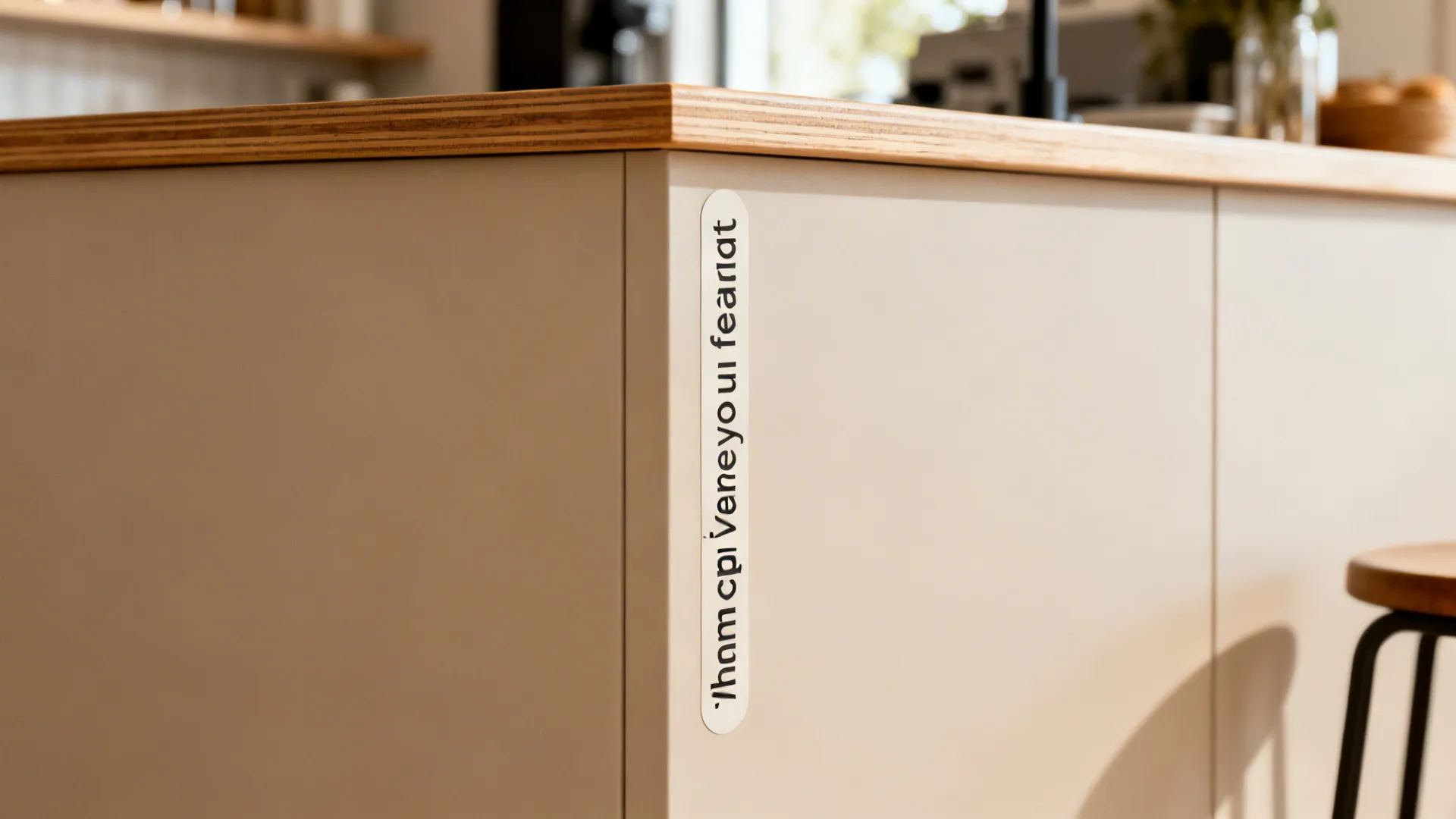 Macro of a clean narrow sans-serif vertical typography decal on a matte kitchen panel.