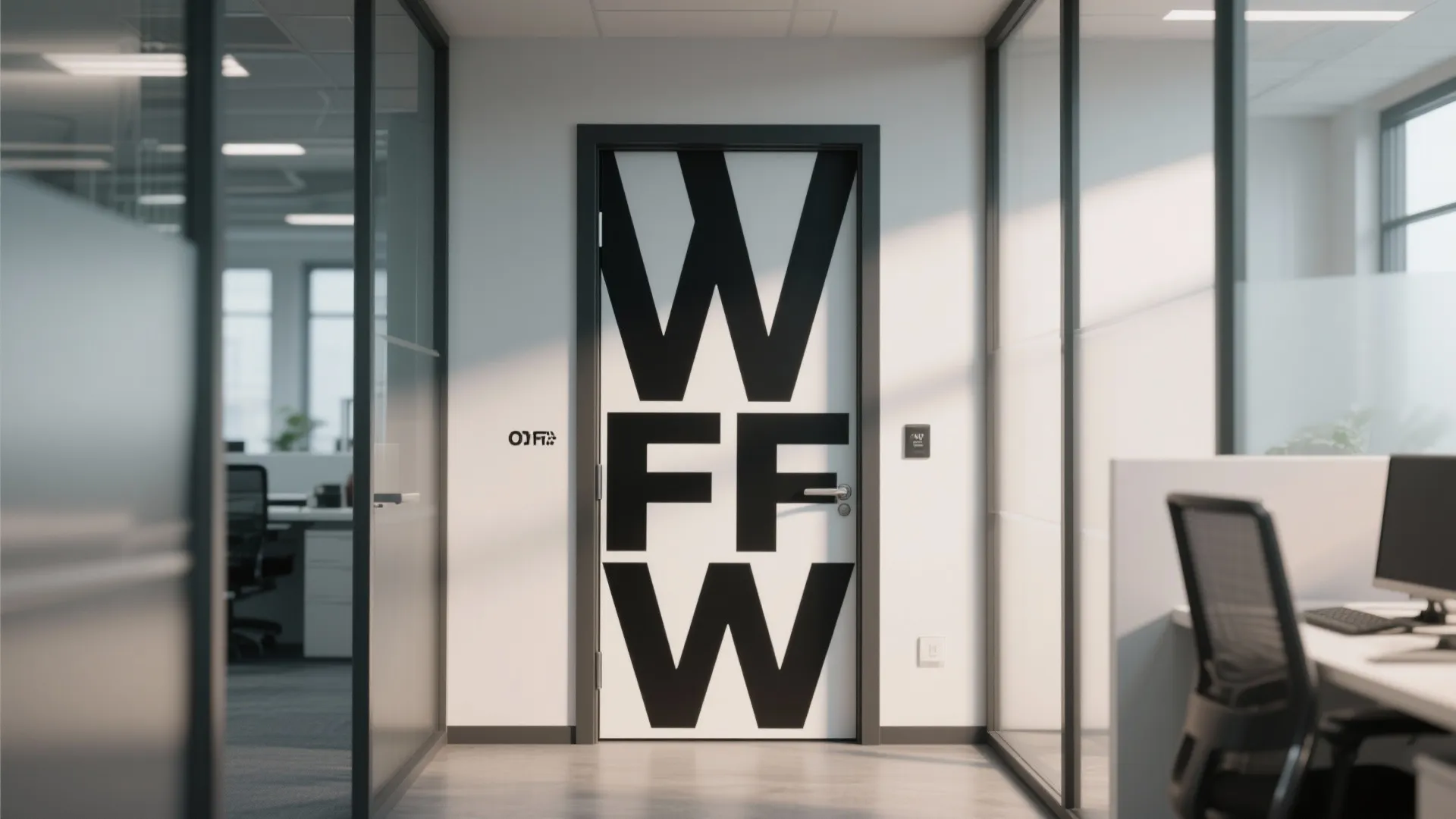 Oversized typography art on an office door and frame