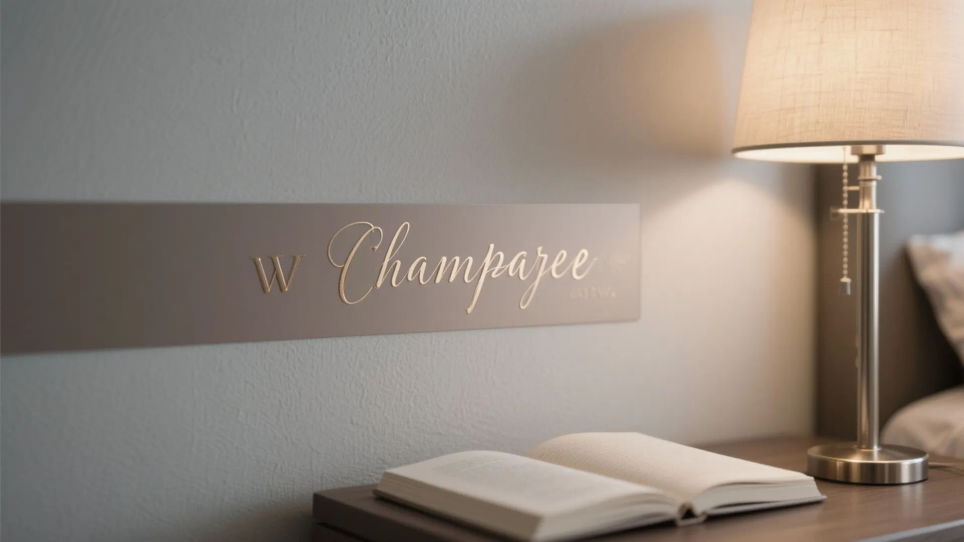 Macro of subtle metallic micro-lettering decal near a bedside lamp over a matte taupe strip.