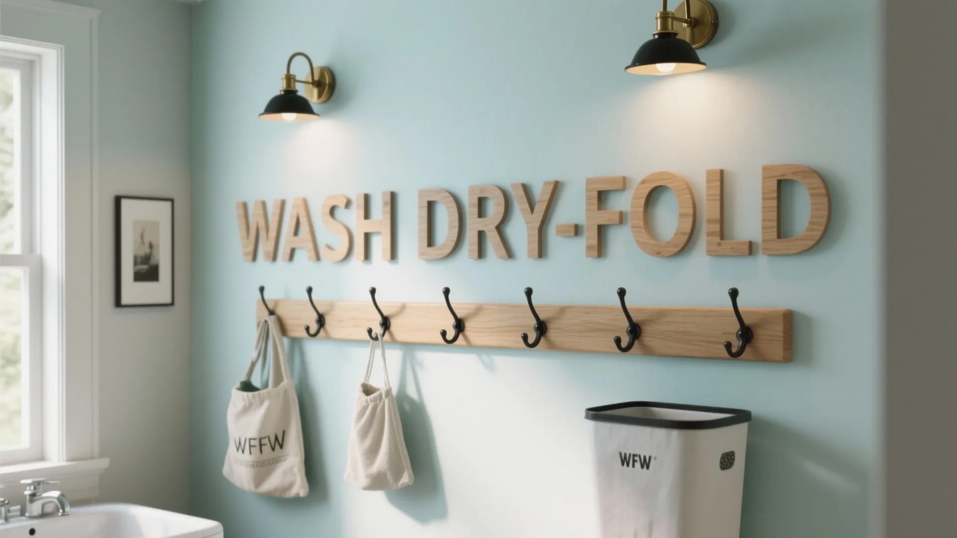 Light blue laundry room wall with wooden letters black wall light fixtures and hanging storage bags