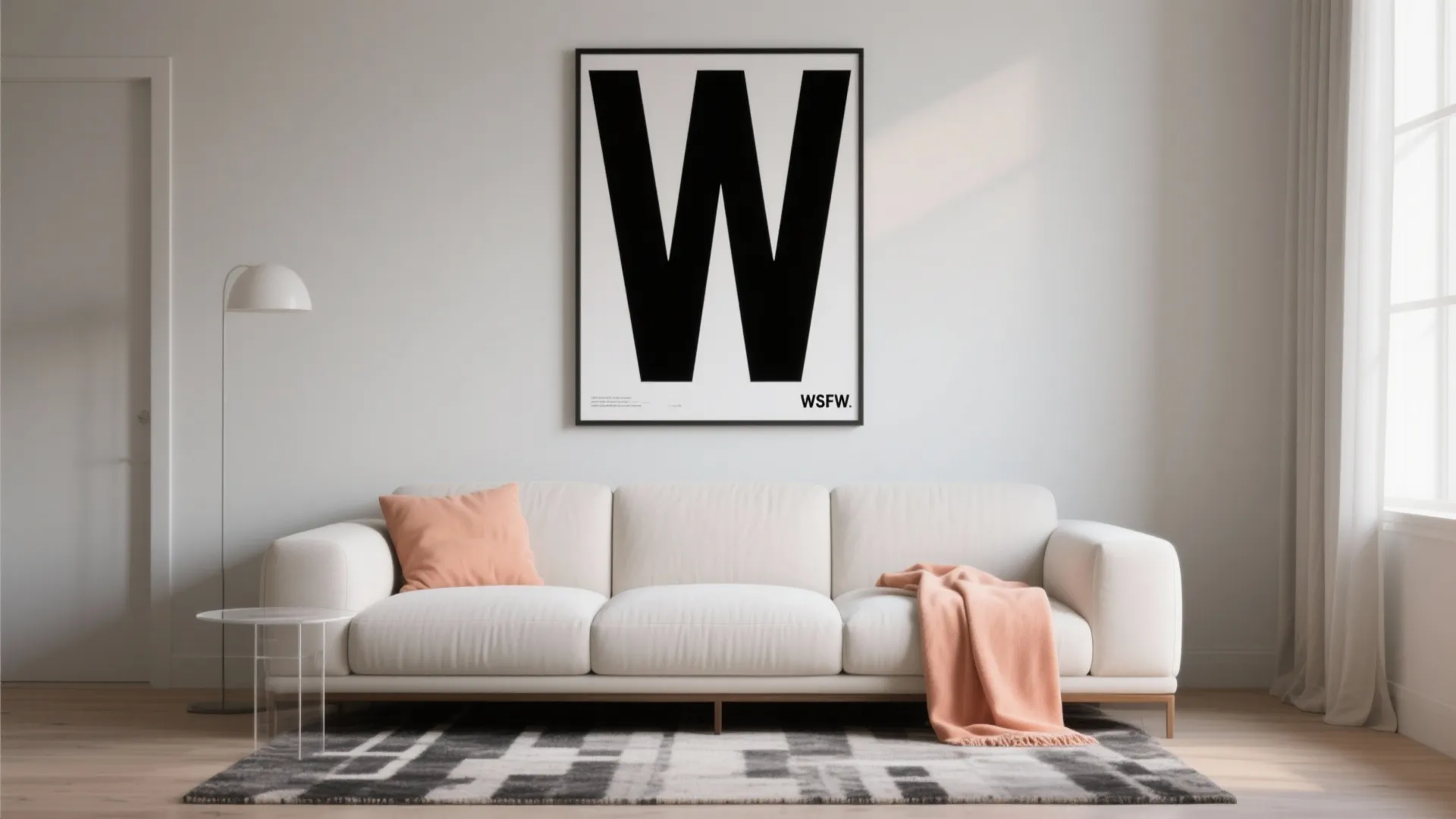 Oversized typography as a focal point above the sofa