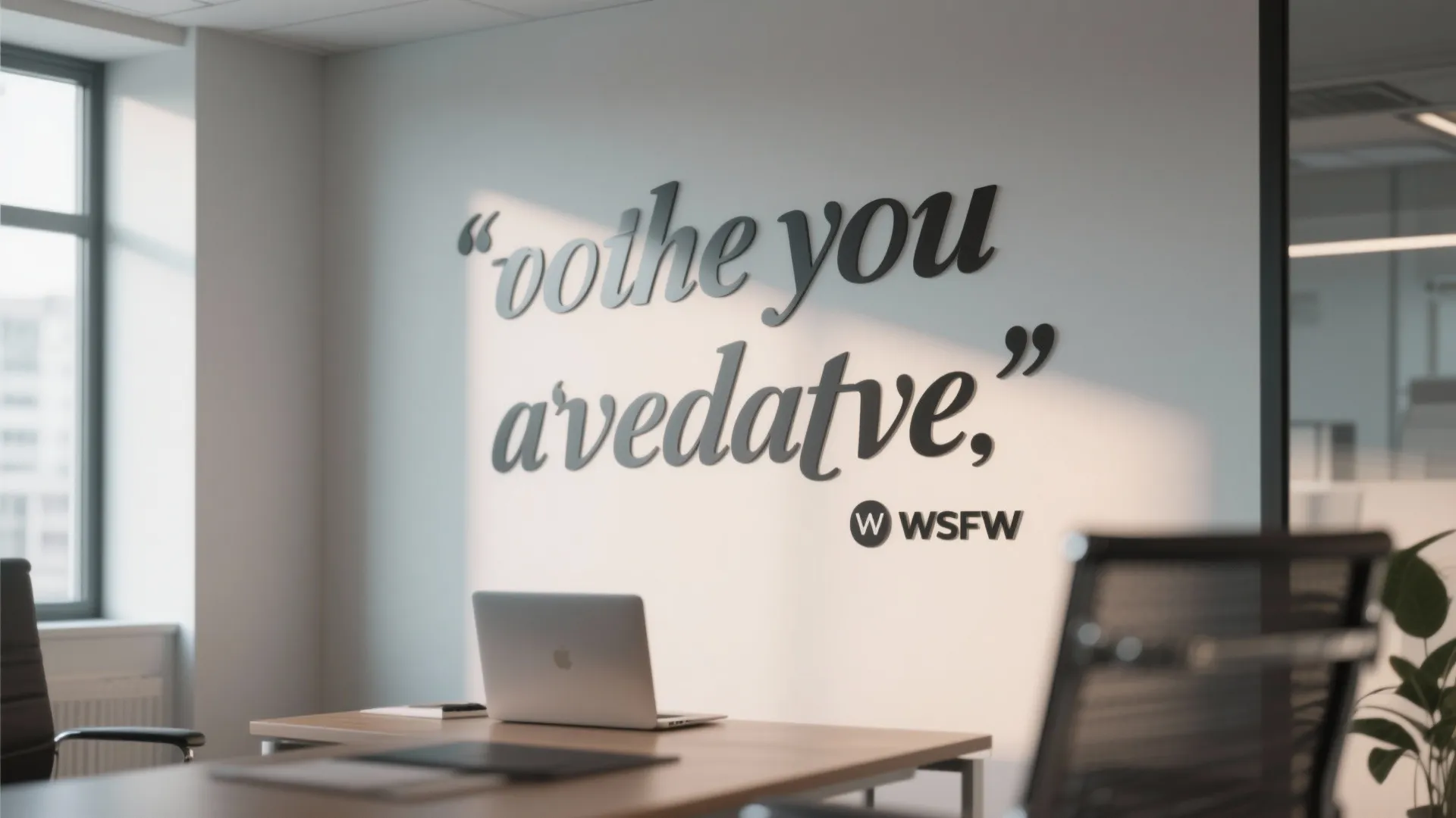 Modern office space featuring a quote on the wall with a laptop on a desk