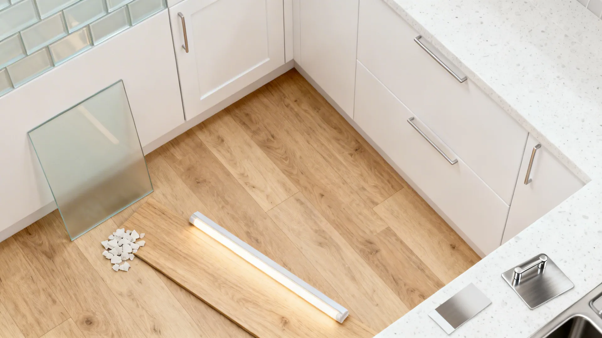 Flat lay of satin glass, matte white cabinet, oak floor, quartz counter, and warm LED diffuser for a bright U kitchen.