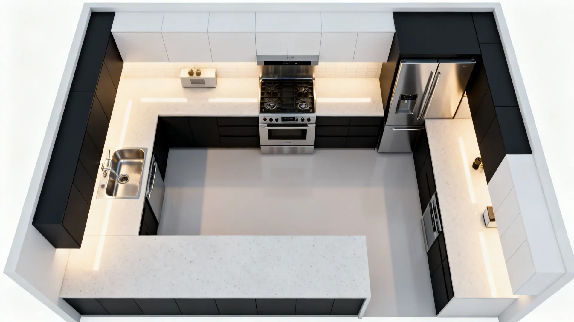 Top-down view showing clear aisles and landing areas in a U-shaped kitchen.