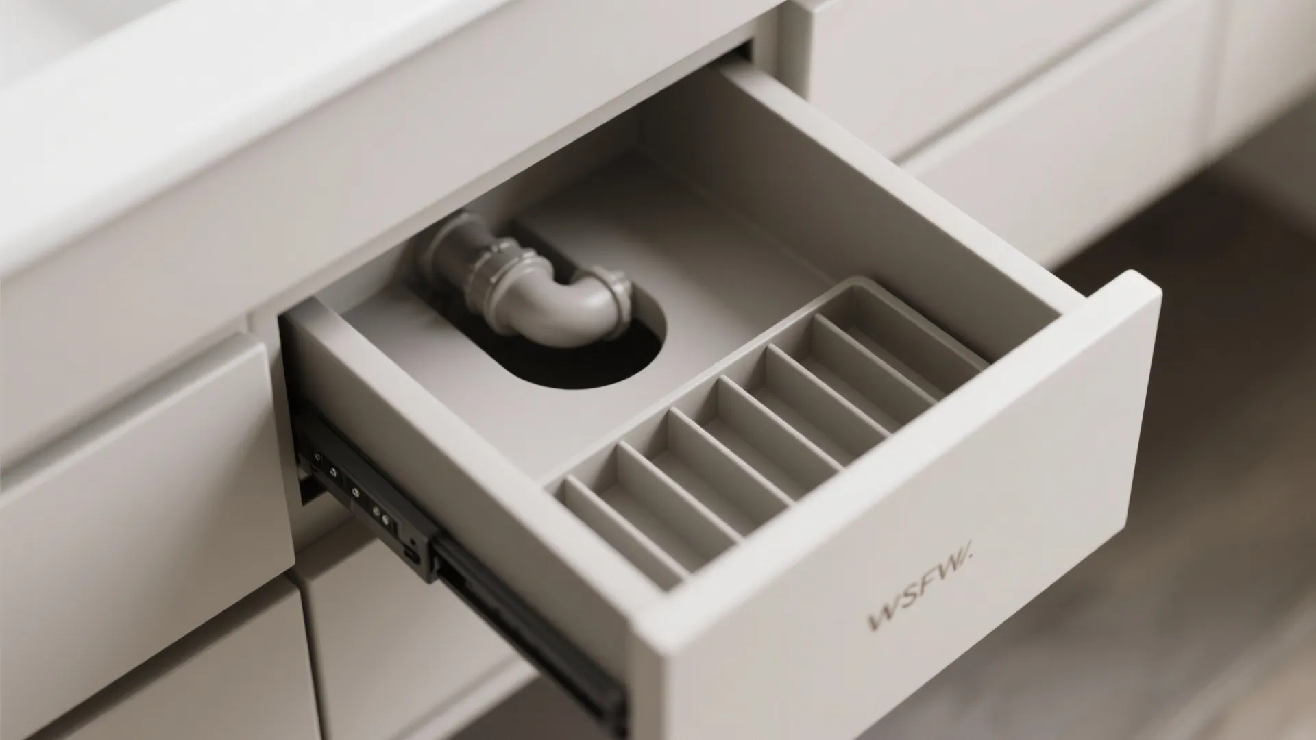 Macro of a U-cut vanity drawer with organizers and soft-close slides.