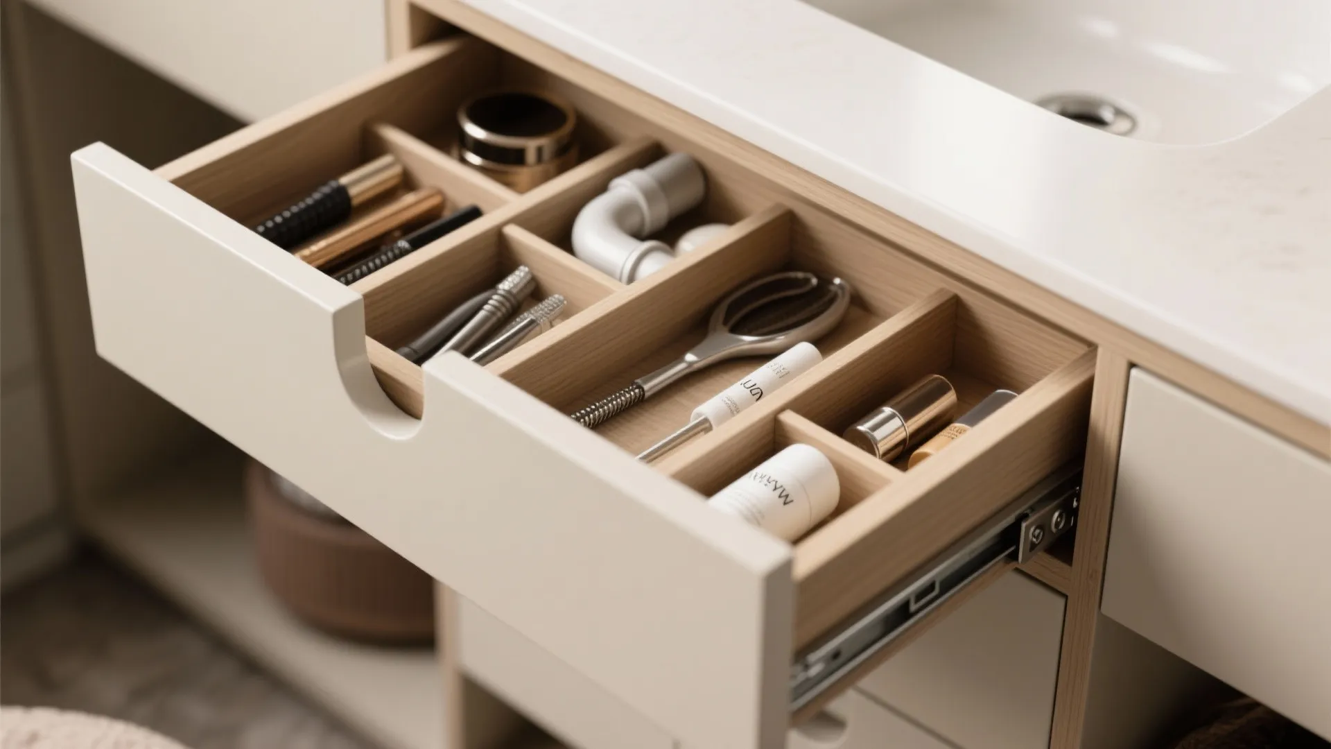 Vanity drawers over doors—plus toe-kick storage
