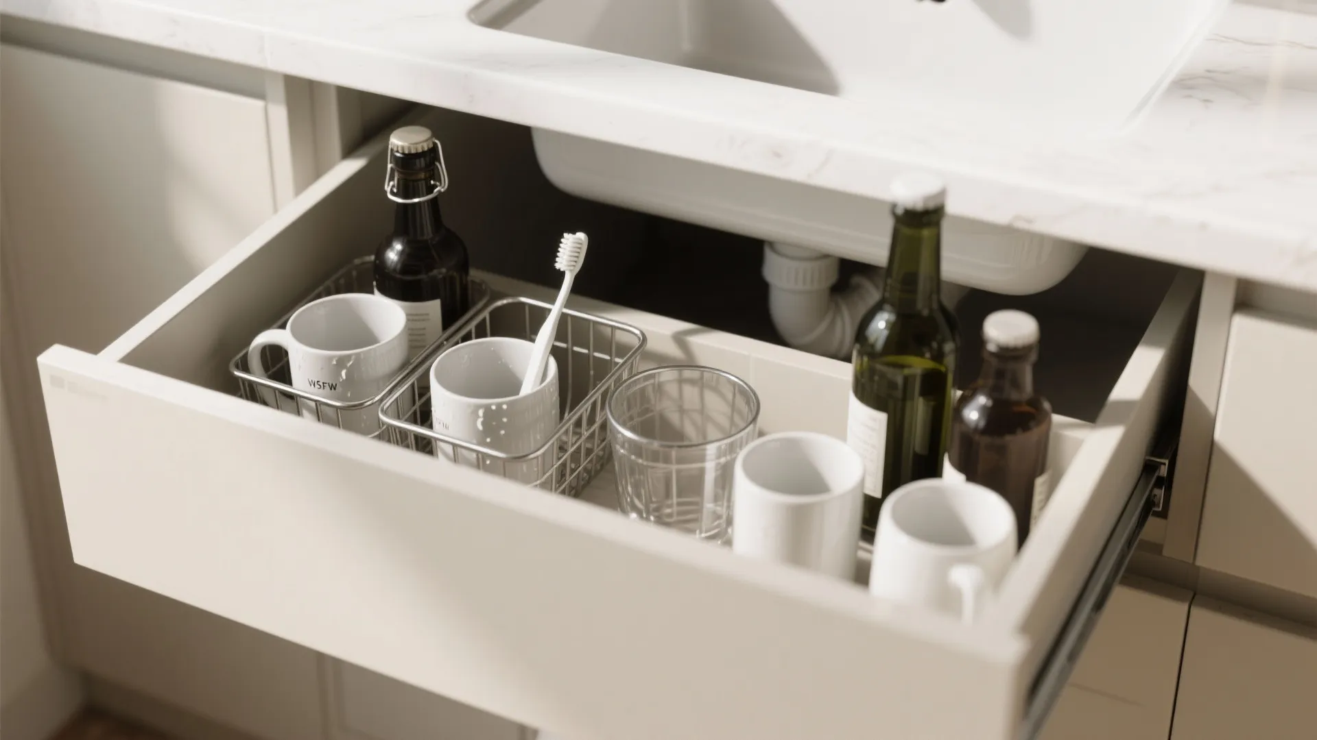 Open bathroom cabinet drawer with white mugs glass bottles and a toothbrush in metal baskets