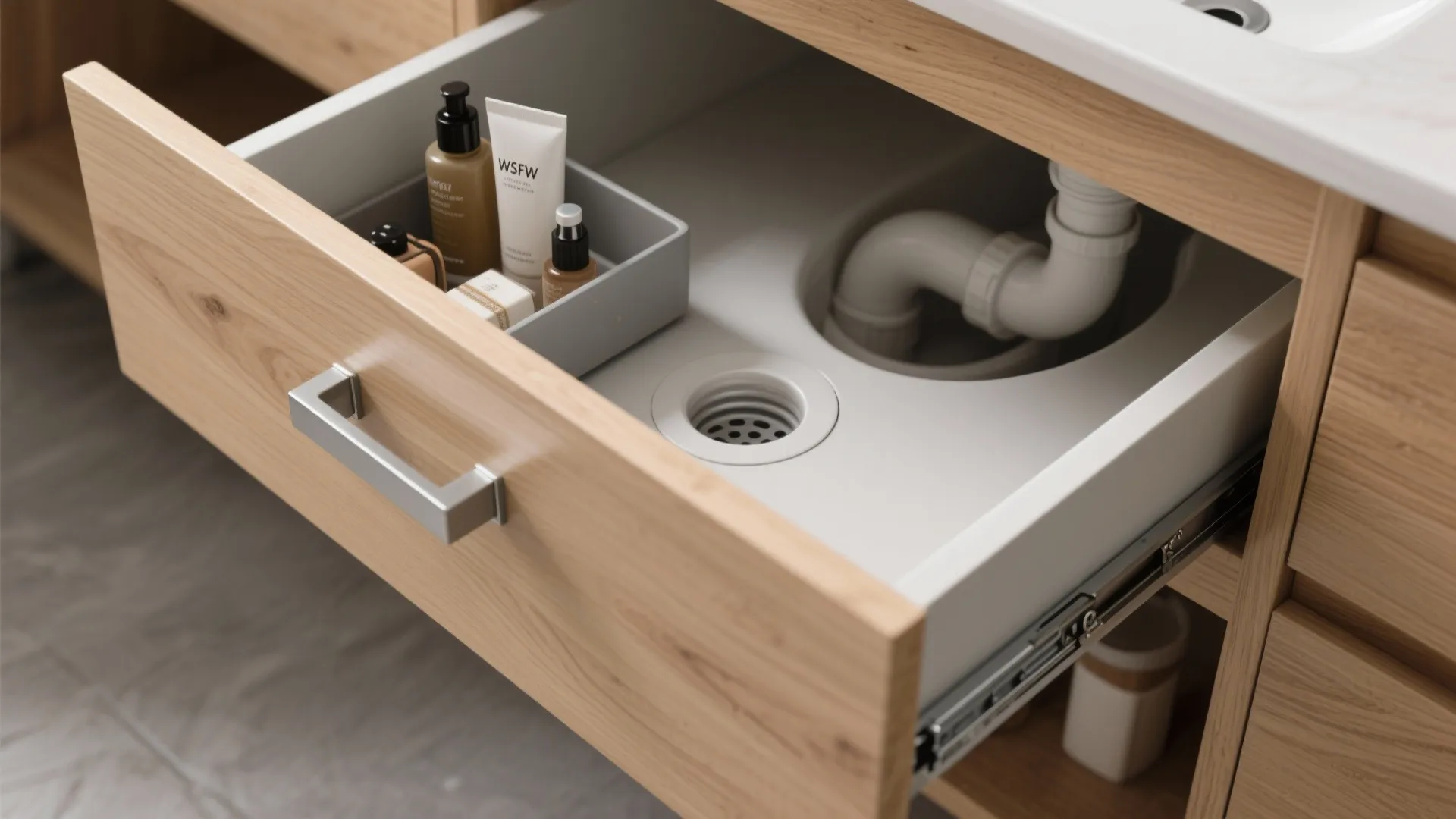 Compact Vanities with Open Shelves and Hidden Drawers